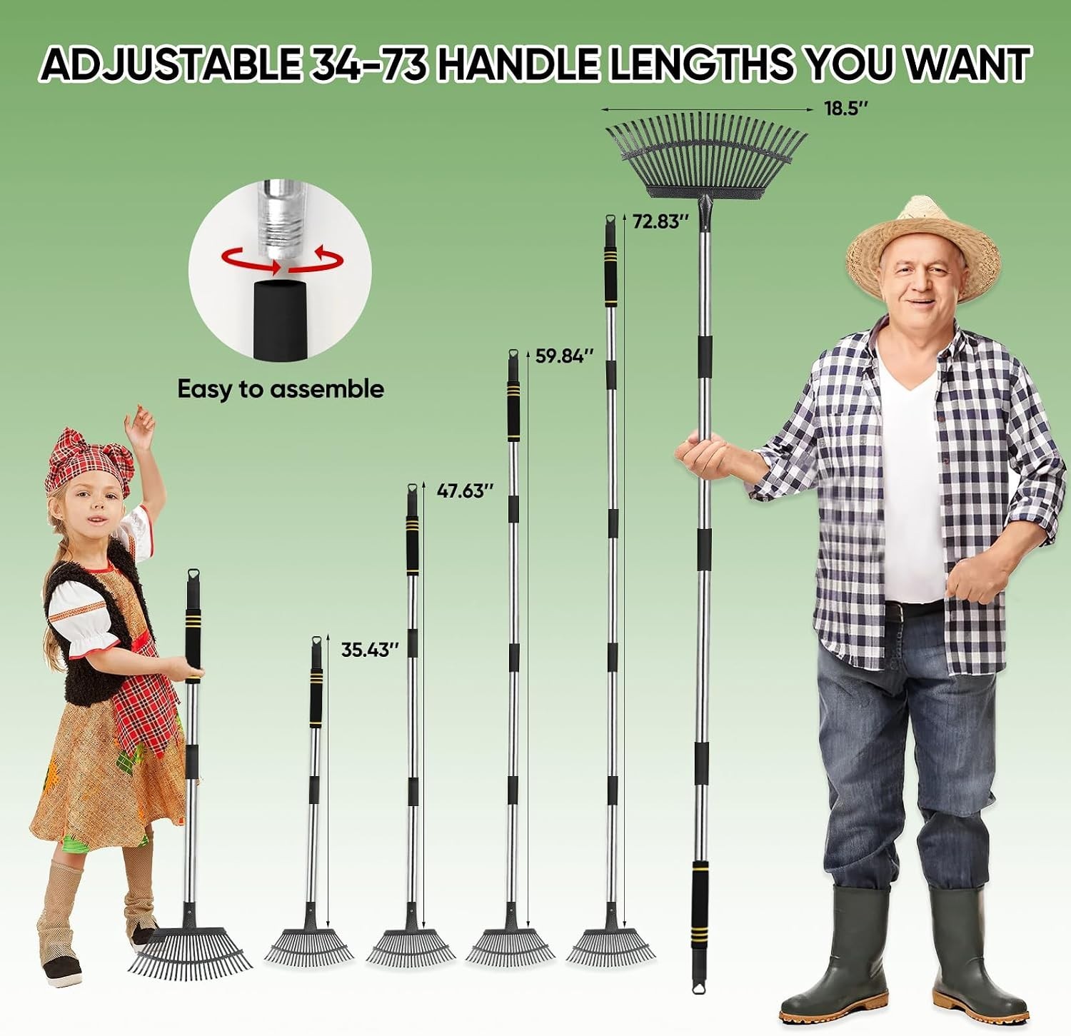 Durable 6FT Leaf Rake with 25 Tines – Adjustable, Ergonomic, and Easy to Store