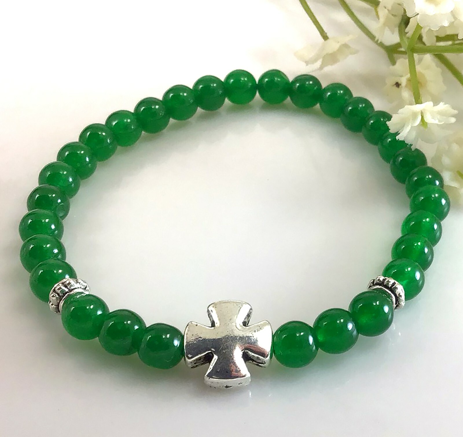Green Jade beaded bracelet with silver cross pendant 6mm healing gift for women