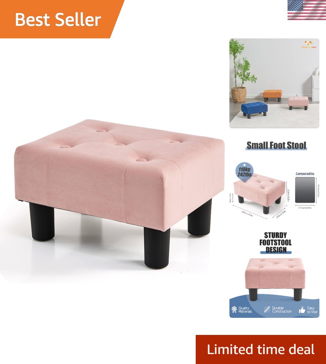 Compact Pink Velvet Foot Stool with Engineered Wood Frame - Adds Sophistication