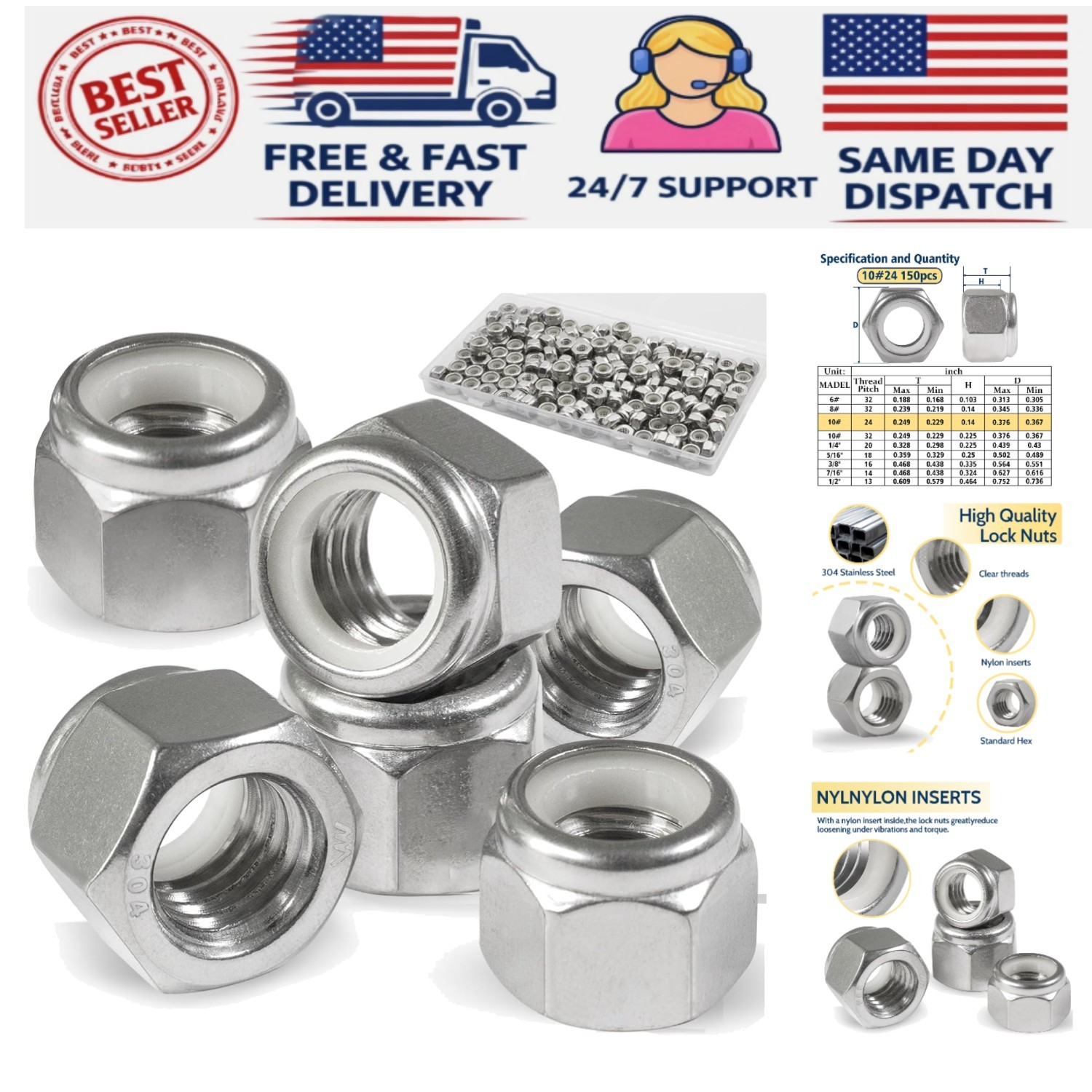 Durable 150 Pack Nylon Insert Locknuts – 304 Stainless Steel for Industrial Use