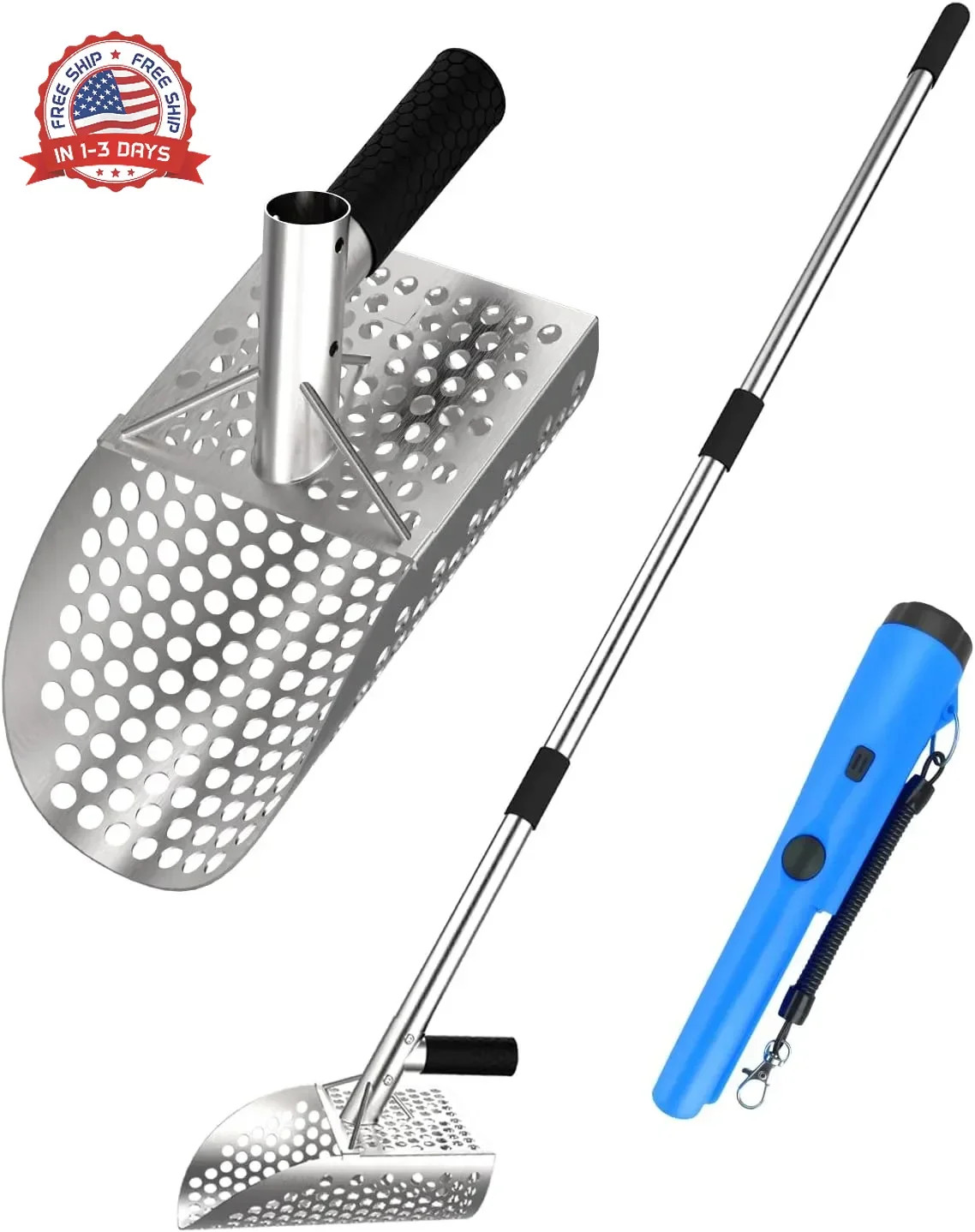 Long Handle Sand Scoop,with Metal Detector Pinpointer,Stainless Steel Beach Meta