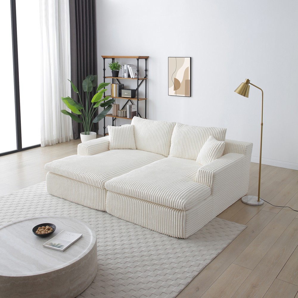 Beige Corduroy Sectional Sofa Bed w/ Double Chaise, No Assembly, 165lb Weight