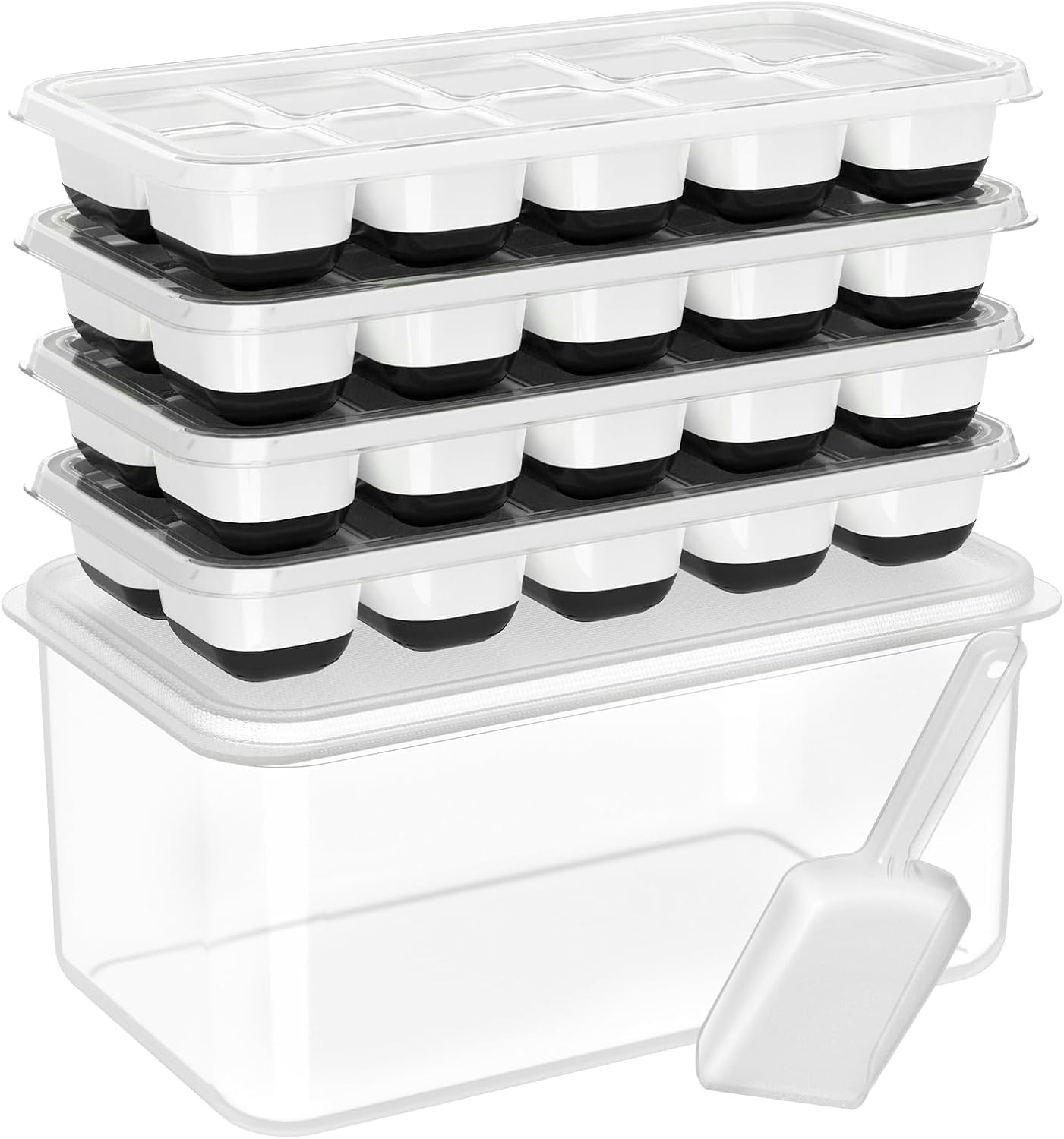 Ice Cube Tray with Lid and Bin - 4 Pack Silicone Ice Cube Trays for Freezer, Sta