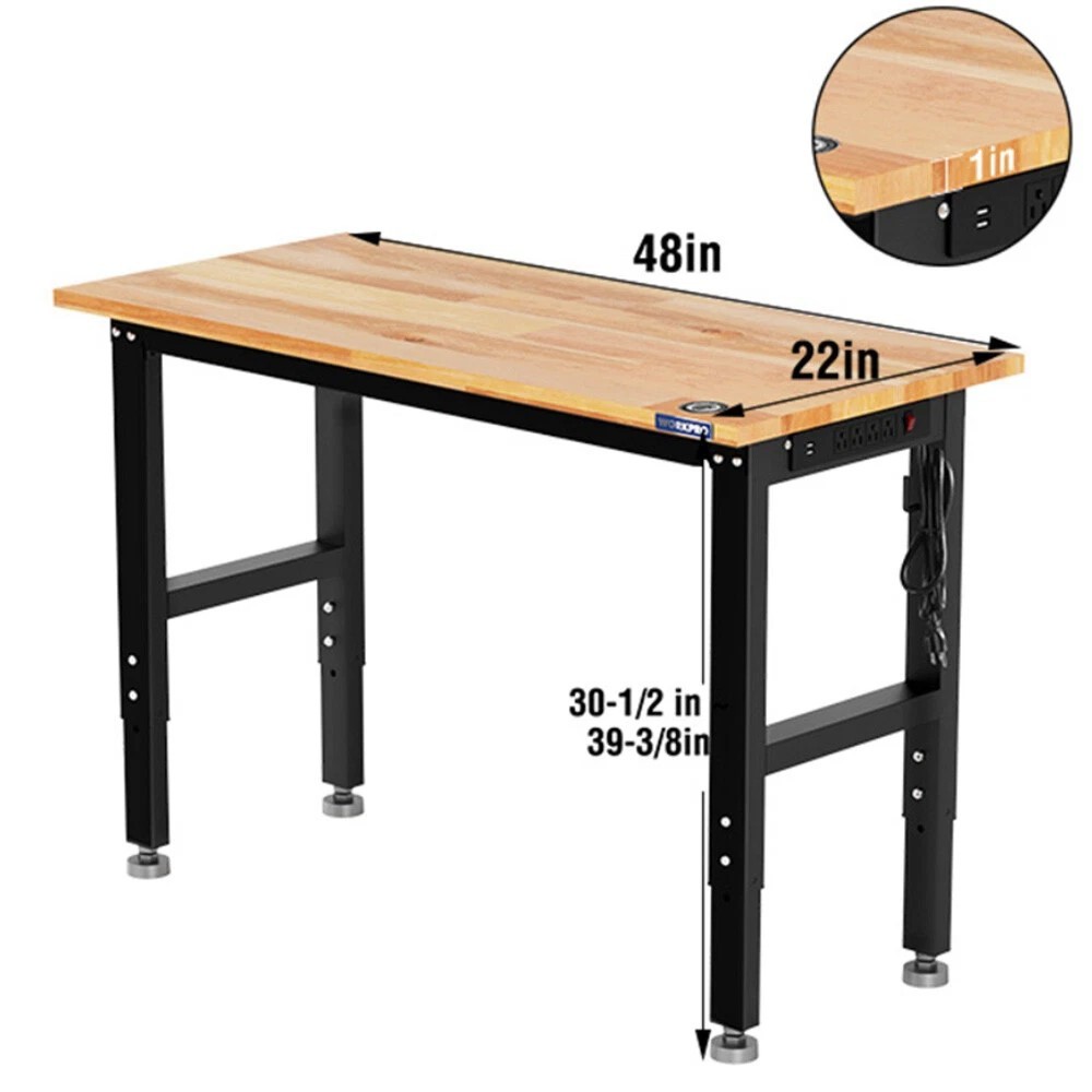 WORKPRO 48" Adjustable Workbench, Rubber Wood Top Heavy-Duty Workstation