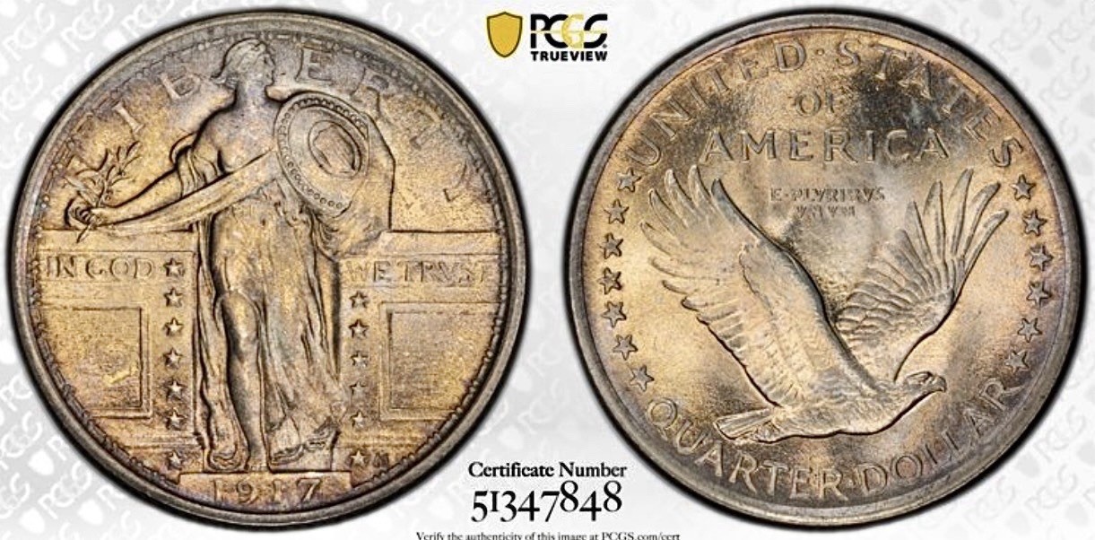 1917 STANDING LIBERTY QUARTER TYPE 1 PCGS MS65FH STUNNING COLOR / EYE APPEAL