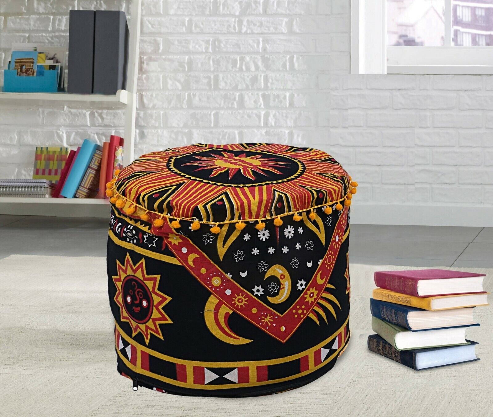 Burning Sun Round Moroccan Vintage Cushion Cover Indian Yellow Poufs Floor Decor