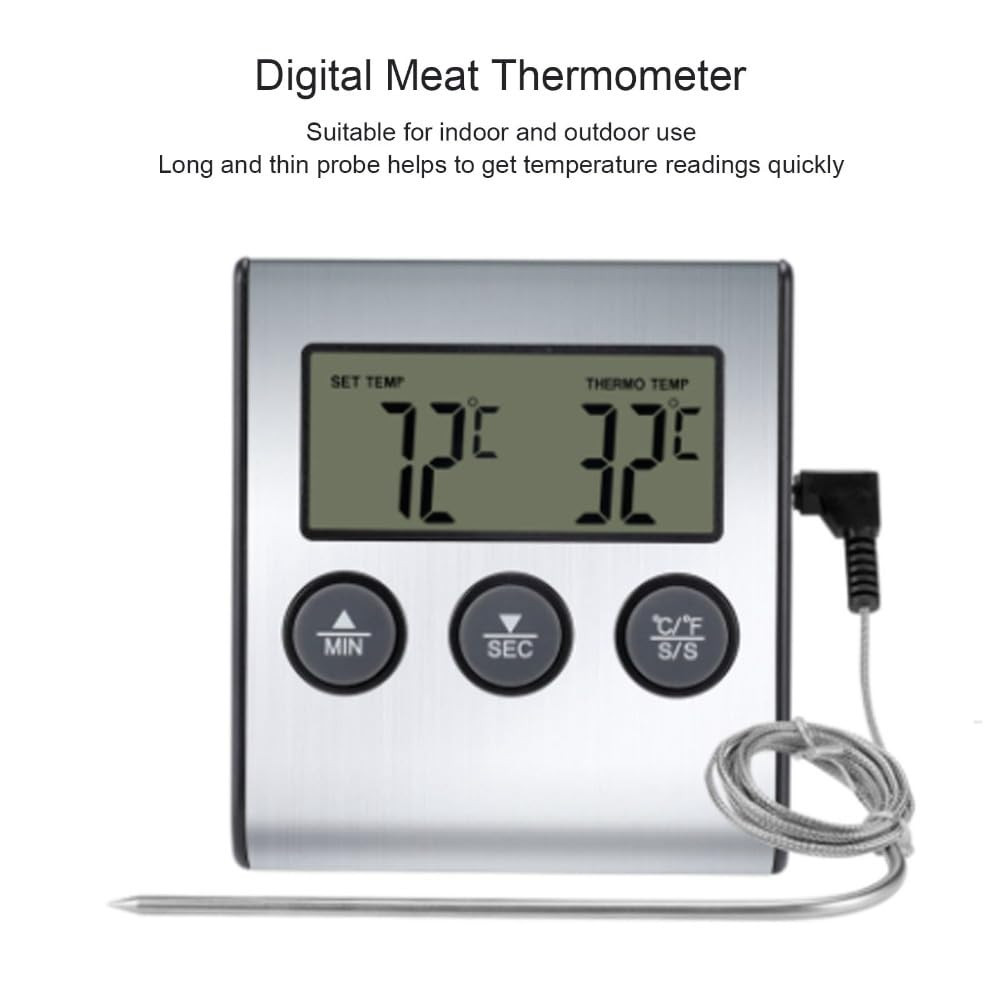 Digital Meat Thermometer with Timer, 0°C to 250°C LCD BBQ Probe Thermometer with