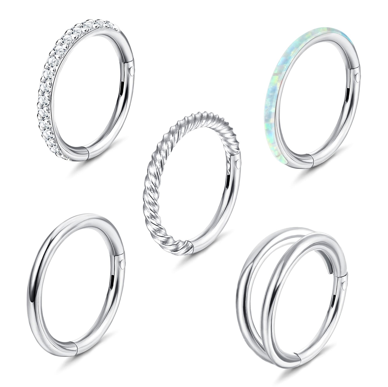 Jstyle 5Pcs 18G 16G Surgical Steel Nose Rings Hoop for Women Opal CZ Clicker ...