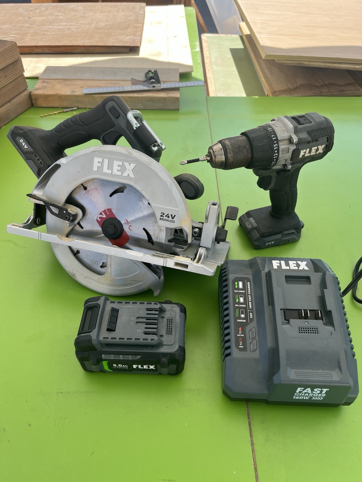 FLEX 24V Brushless 4-Piece Power Tool Kit (Saw, Drill, 5.0Ah Battery, Charger)