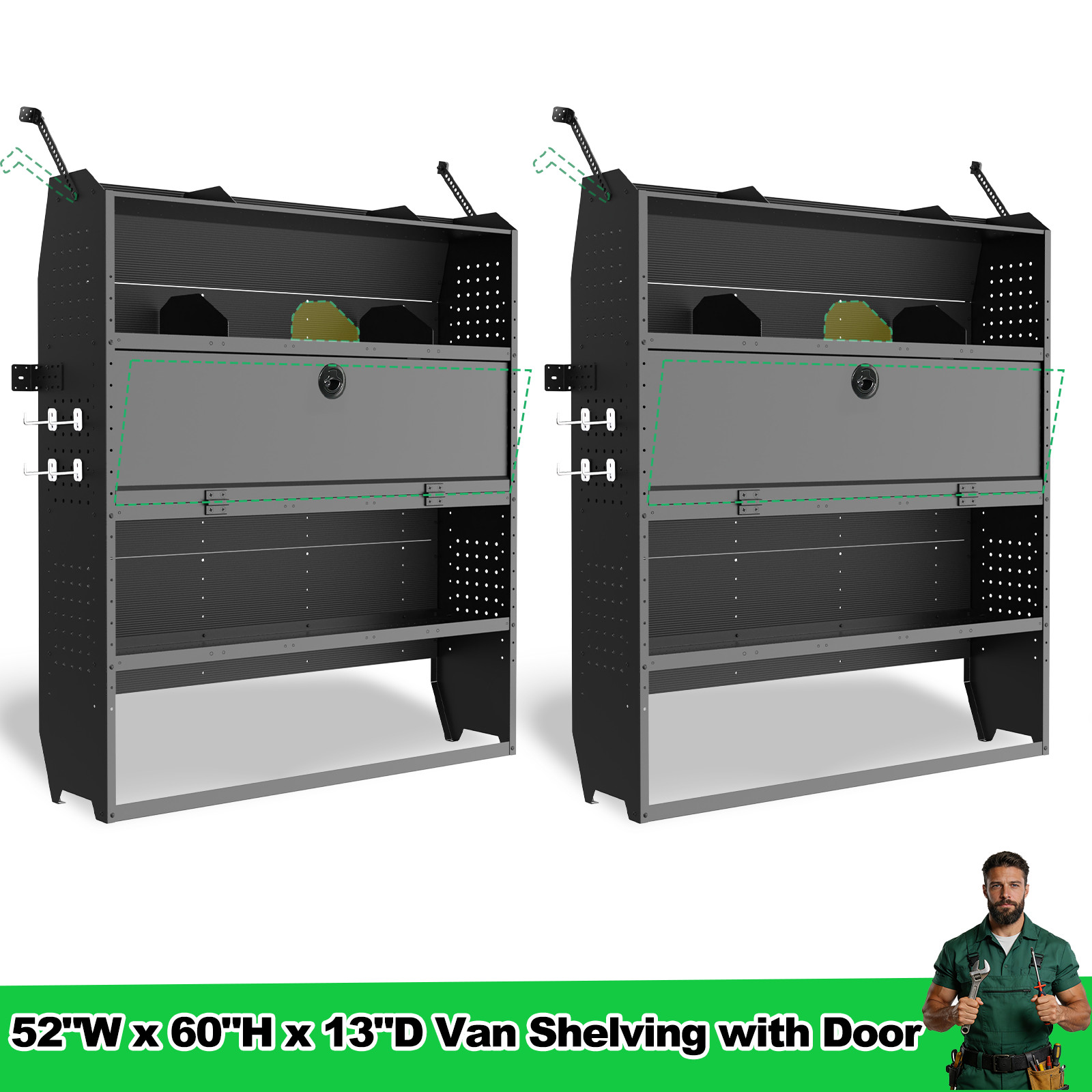 2PACK 52"Wx60"Hx13"D Van Shelving w/ Lockable Door&Hooks, for Transit, Promaster