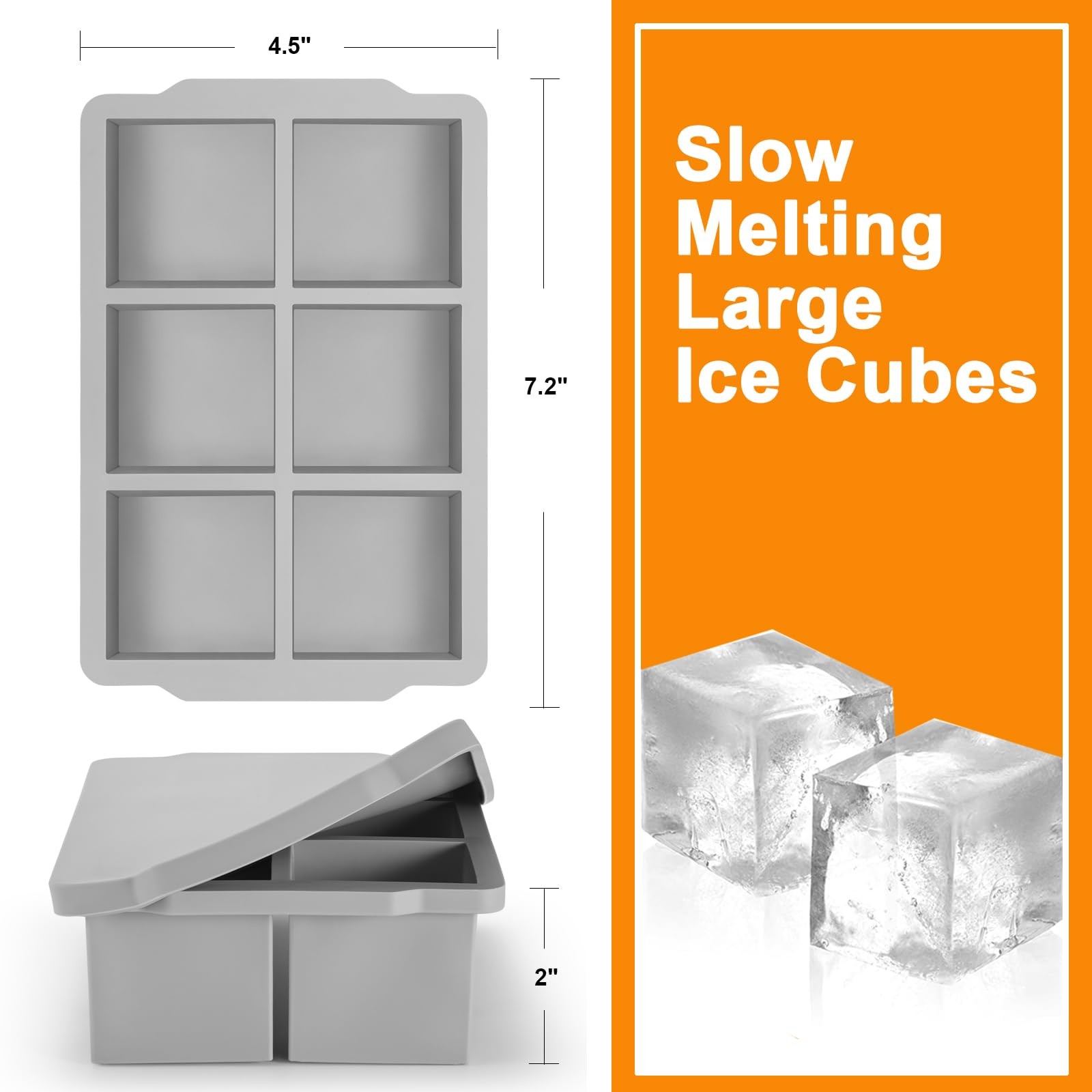 2 Pack Grey Large Ice Cube Tray with Lid 2 Inch Cubes