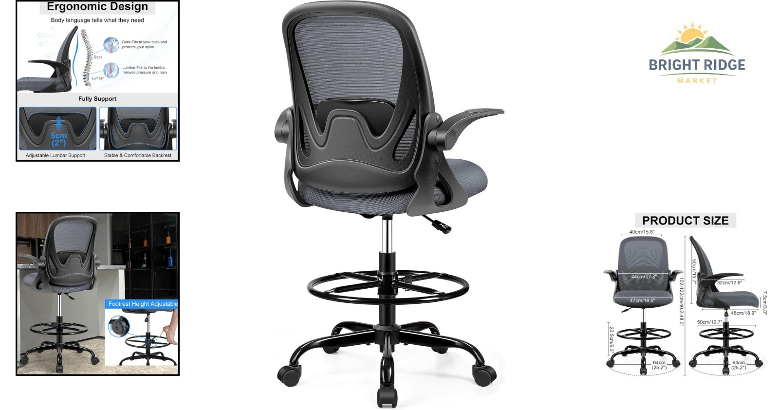 Office Drafting Chair with Flip-Up Armrests & Lumbar Support for Maximum Comfort