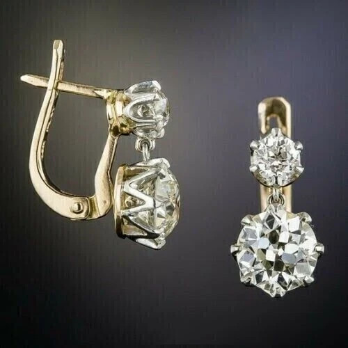 4.2Ct Art Deco Vintage Round Cut Diamond Drop/Dangle 14K Yellow Gold FN Earrings