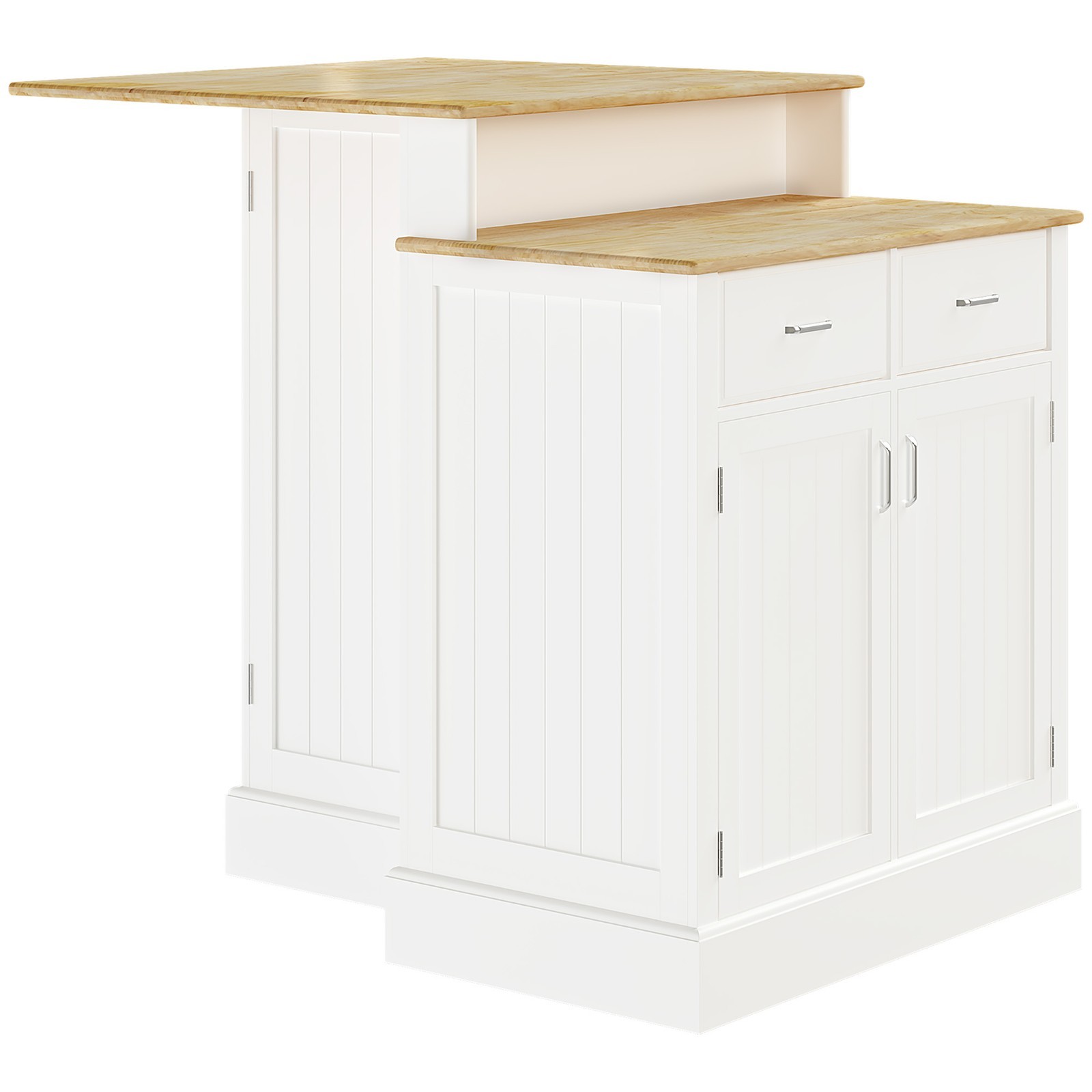 Kitchen Island with Storage Cabinet and 2-Level Rubber Wood Tabletop