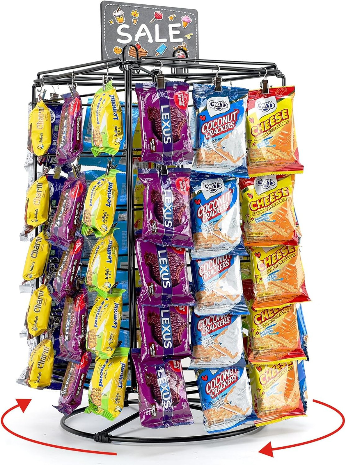 Chip Rack Display Stand with Five Tiers and Rotation for Snacks and Concession