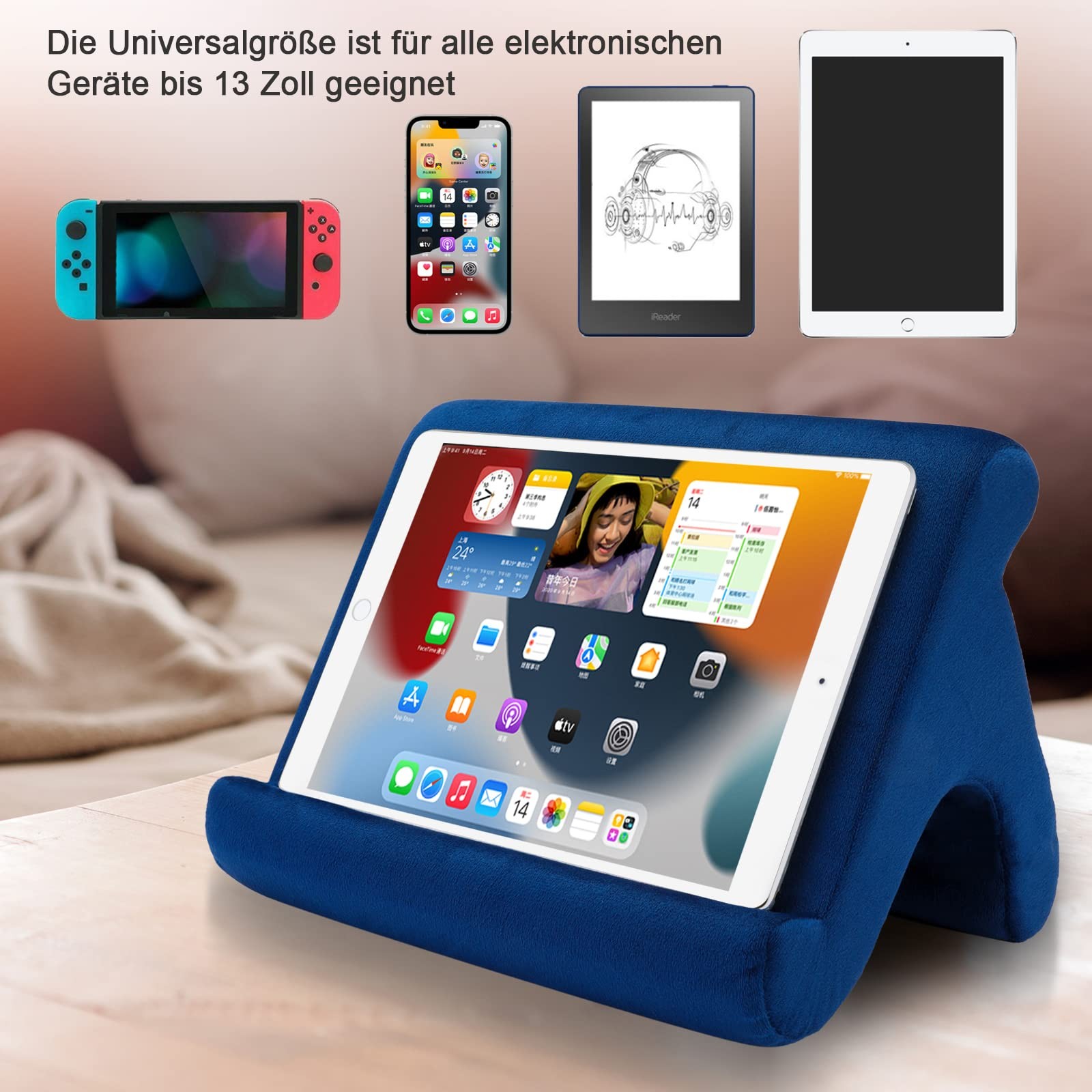 Tablet Pillow Stand Holder Dock for Bed with 3 Viewing Navy