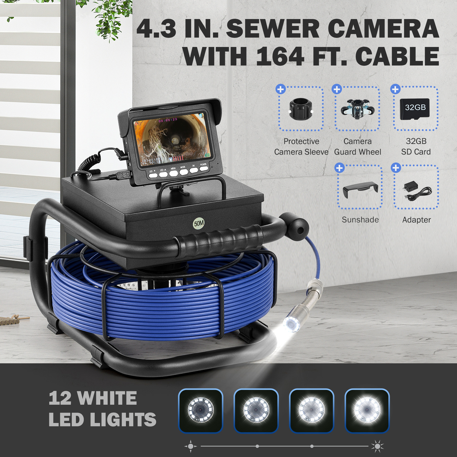 4.3 in. Sewer Inspection Camera w 50m/164ft Cable Rechargeable Battery for Pipe