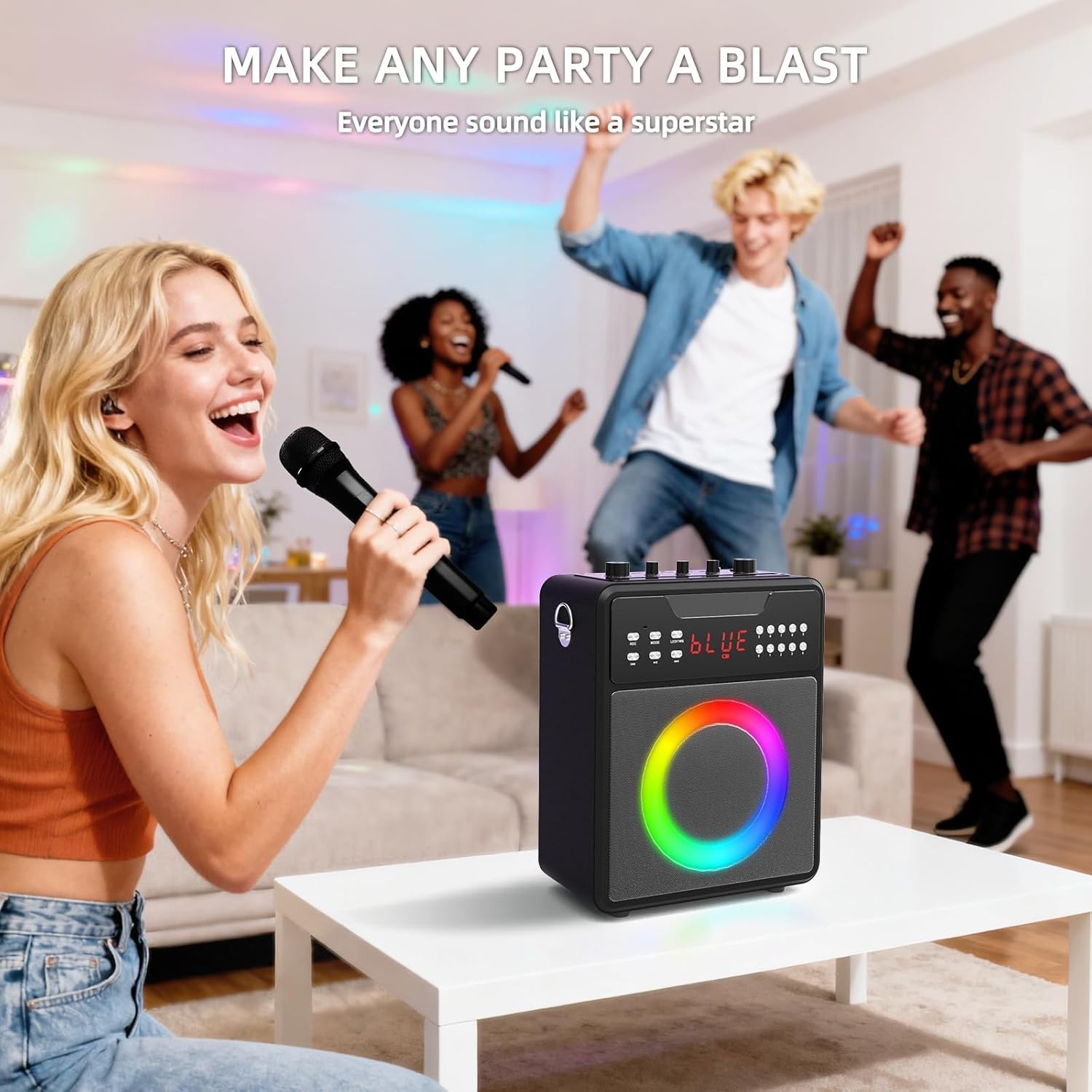 Karaoke Machine with 2 Wireless Microphones,Portable Bluetooth 5.1 Speaker Light