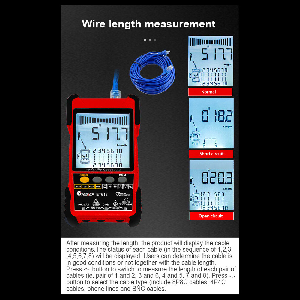 Multifunctional Network Cable Tester With LCD Display Multimeter Line Finder Red