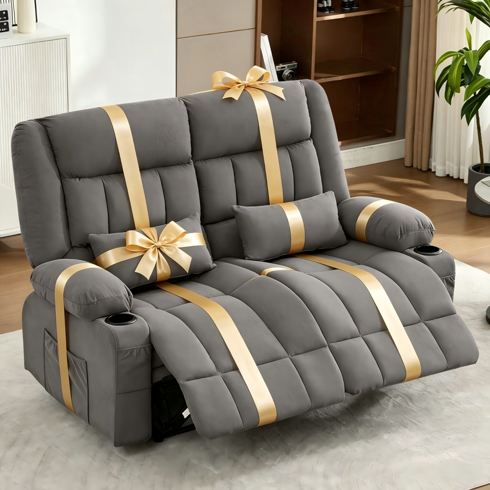Loveseat Recliner Sofa Fabric Manual Reclining Loveseat w/Cup Holders Ergonomic