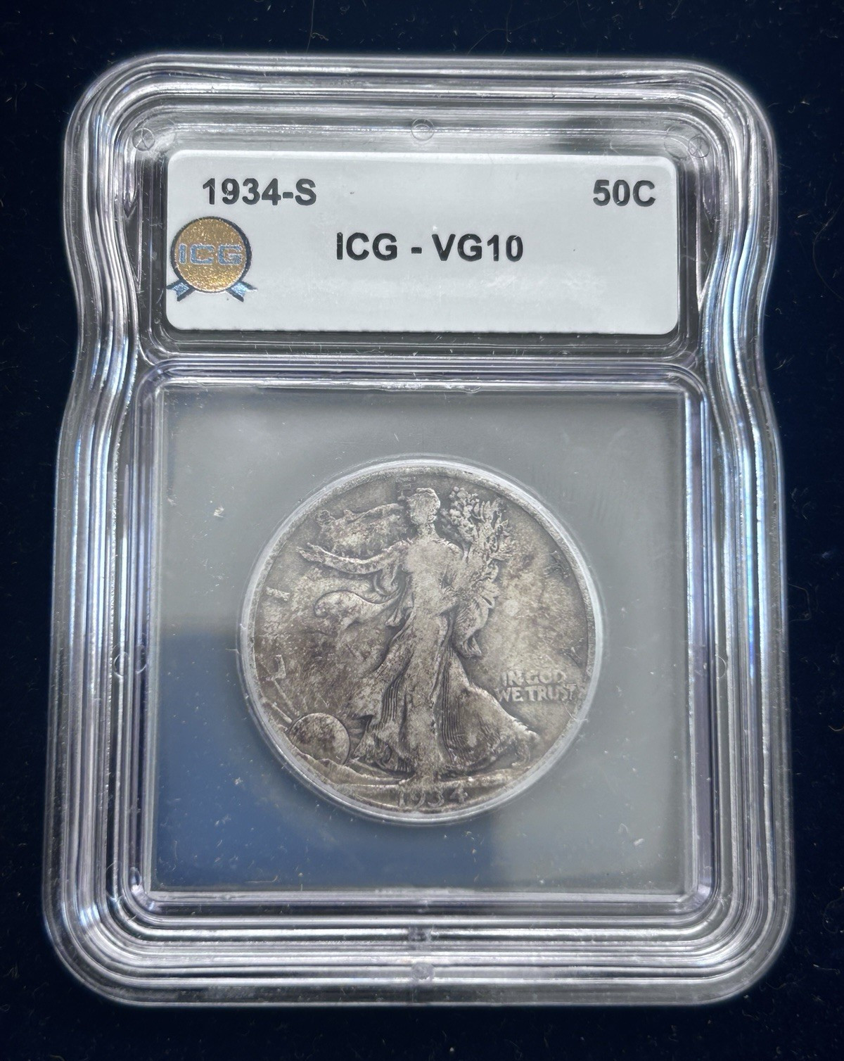 Walking Liberty Half Dollar 1934-S 50C Silver, Business Strike, ICG VG10