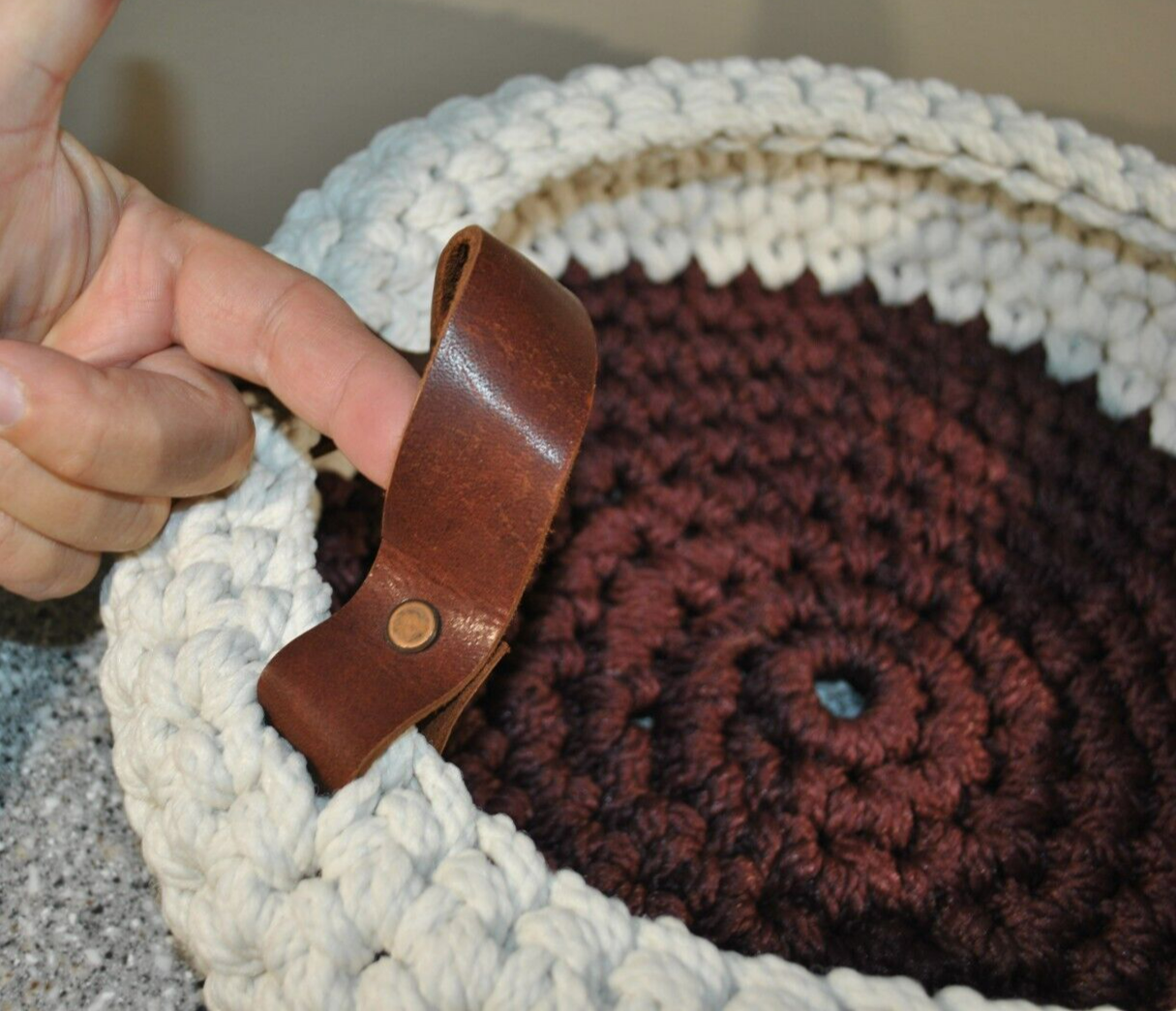 Handwoven Burgundy/Cream Double Leather Handles Crochet Basket, 2 Maine Chicks