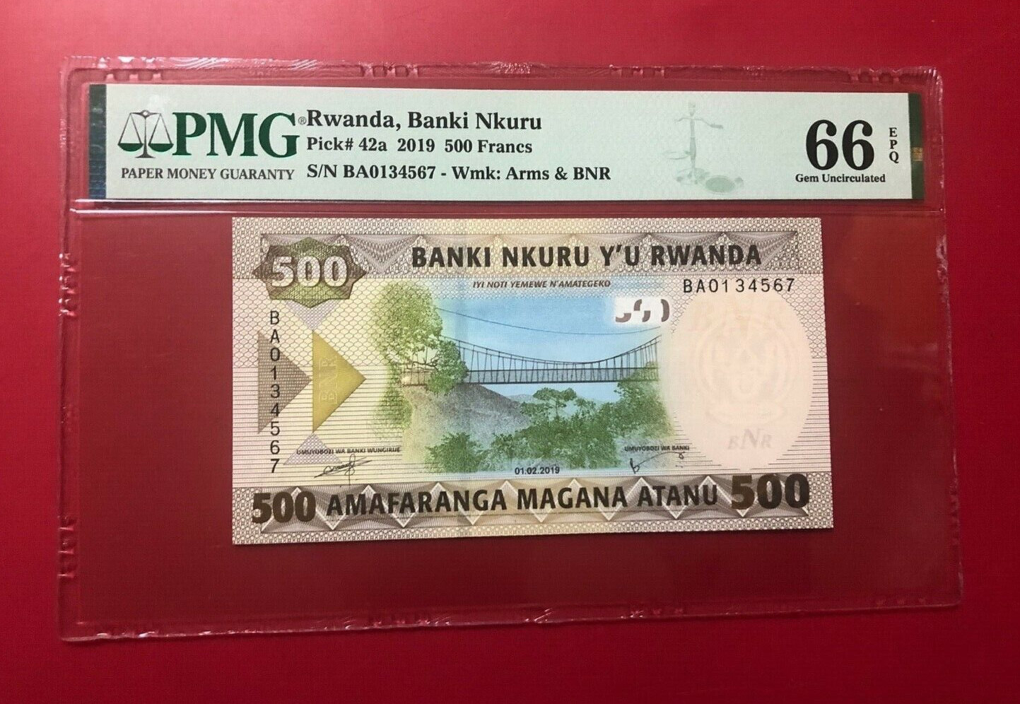 PICK# 42a RWANDA BANKI NKURU 2019 500 FRANCS PMG 66 EPQ SN # BA0134567