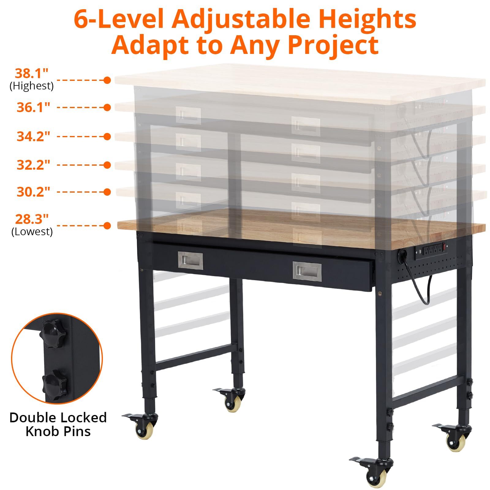✨48x24 Workbench,Professional-Grade Mobile Table with Power Outlets&Storage Draw