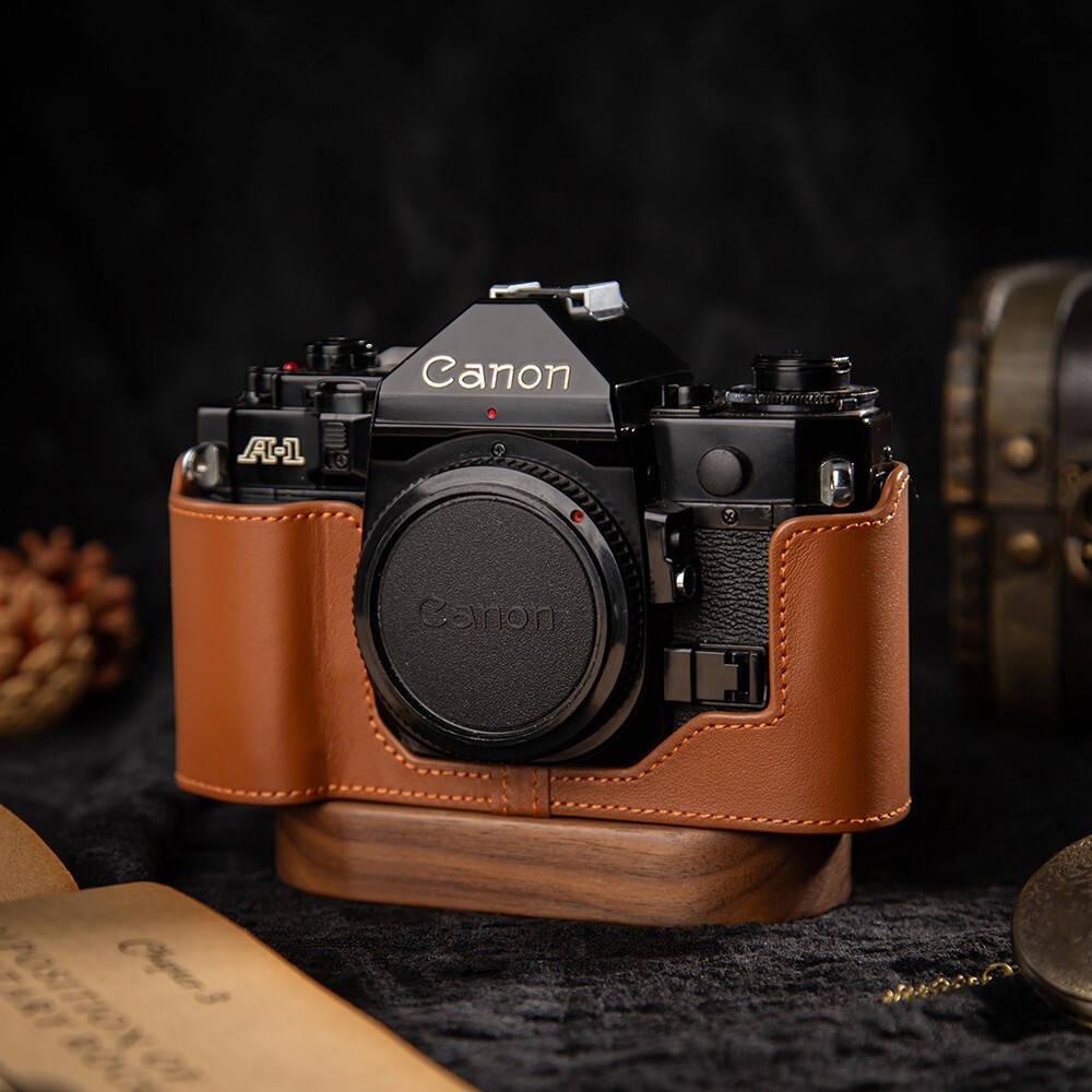 For Canon A1 A-1Brown Leather Half Camera Case Bag Cover With Handle