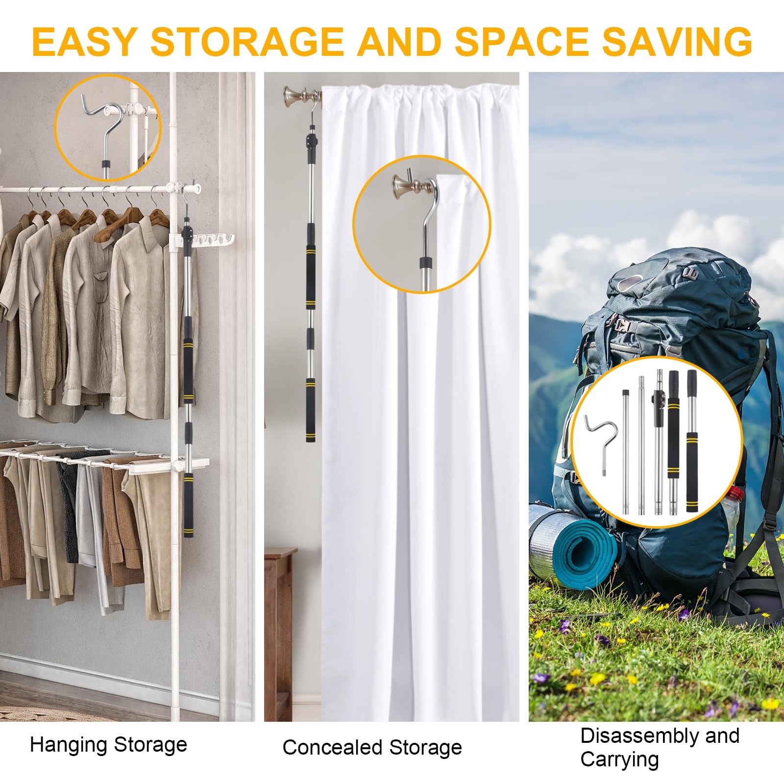 Clothes Hooks, 49"-91" Extendable Coat Hook Durable and Sturdy Telescopic Pol...