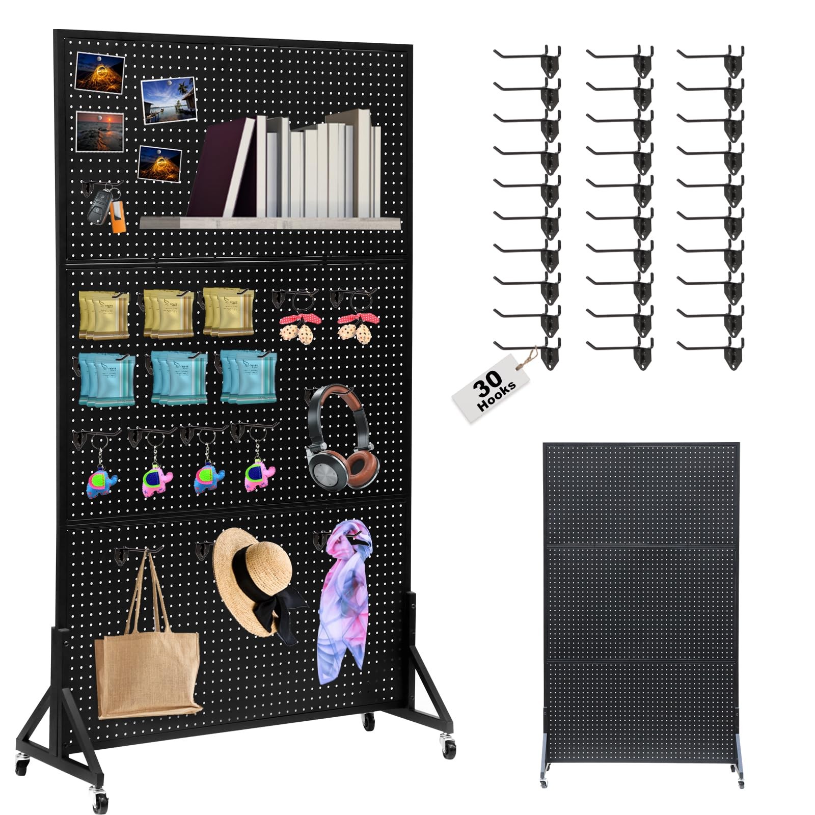 Metal Pegboard Display Stand 3.5 x 6 Feet with 30 Hooks, Standing Pegboard Di...
