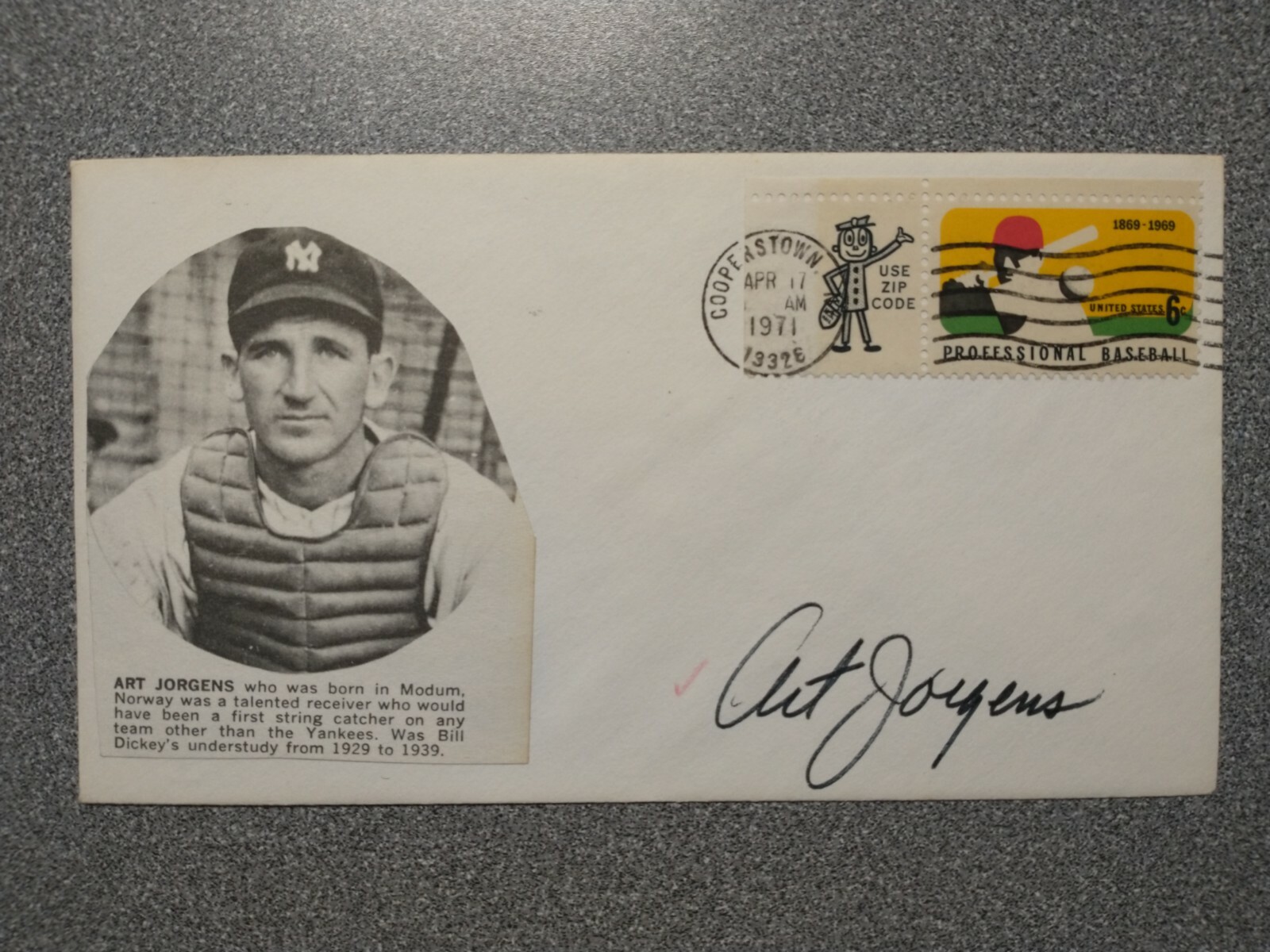 ART JORGENS YANKEES SIGNED AUTOGRAPHED ENVELOPE CACHET - JOE GERSON - FREE SHIP