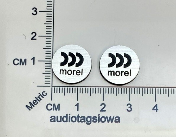 Morel Speaker Badge Custom Made Incised Silver Laminate PAIR Round 16mm