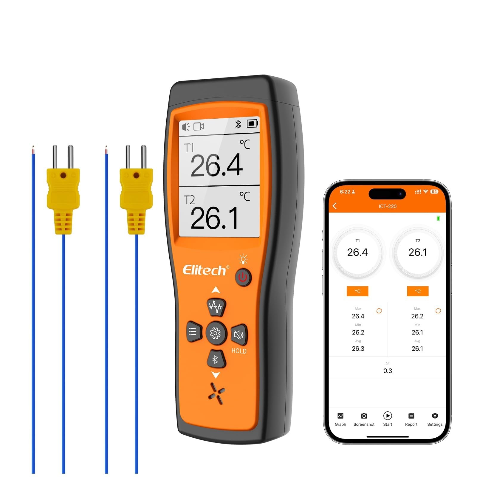 Elitech Bluetooth Thermocouple Thermometer Digital Temperature Data Logger KT...