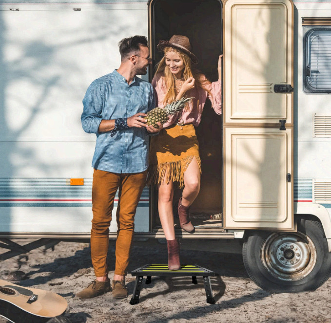 Foldable adjustable RV step, non-slip, supports 1000 lb, portable
