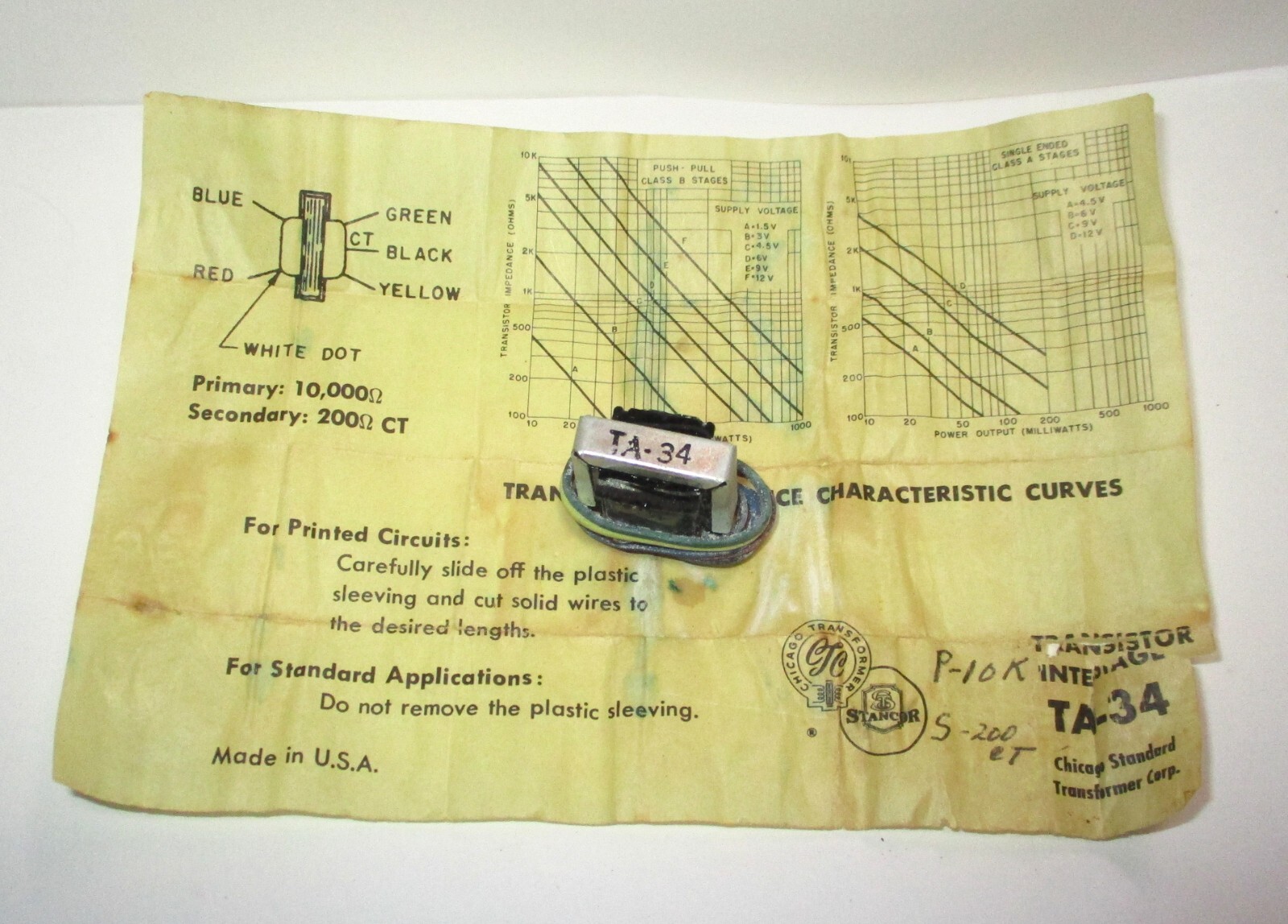 One Stancor Chicago Standard TA-34 Transistor Interstage Transformer NOS