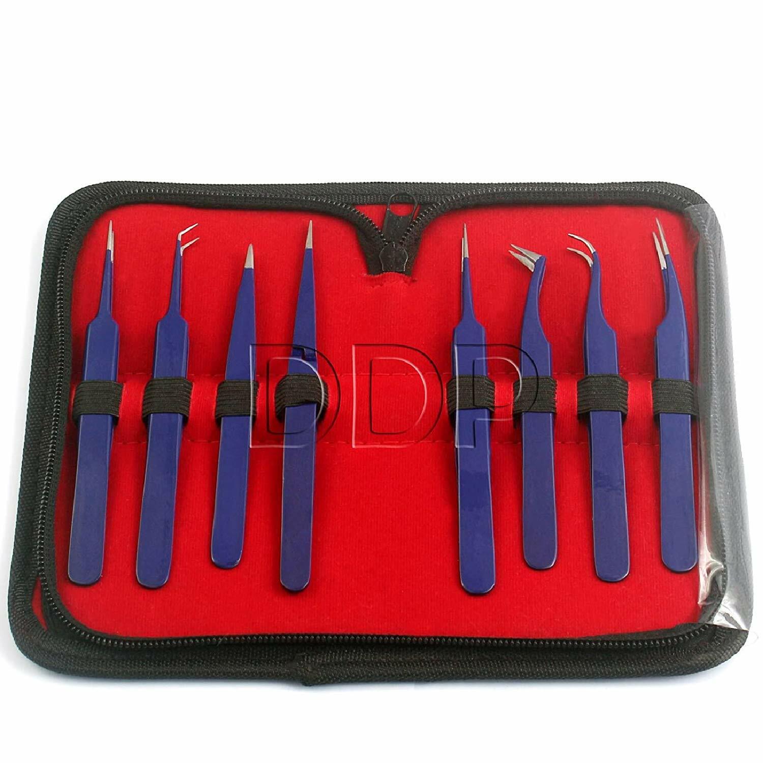 Set Of 8 Pieces Stainless Steel Blue Color Eyelash Extension Tweezers
