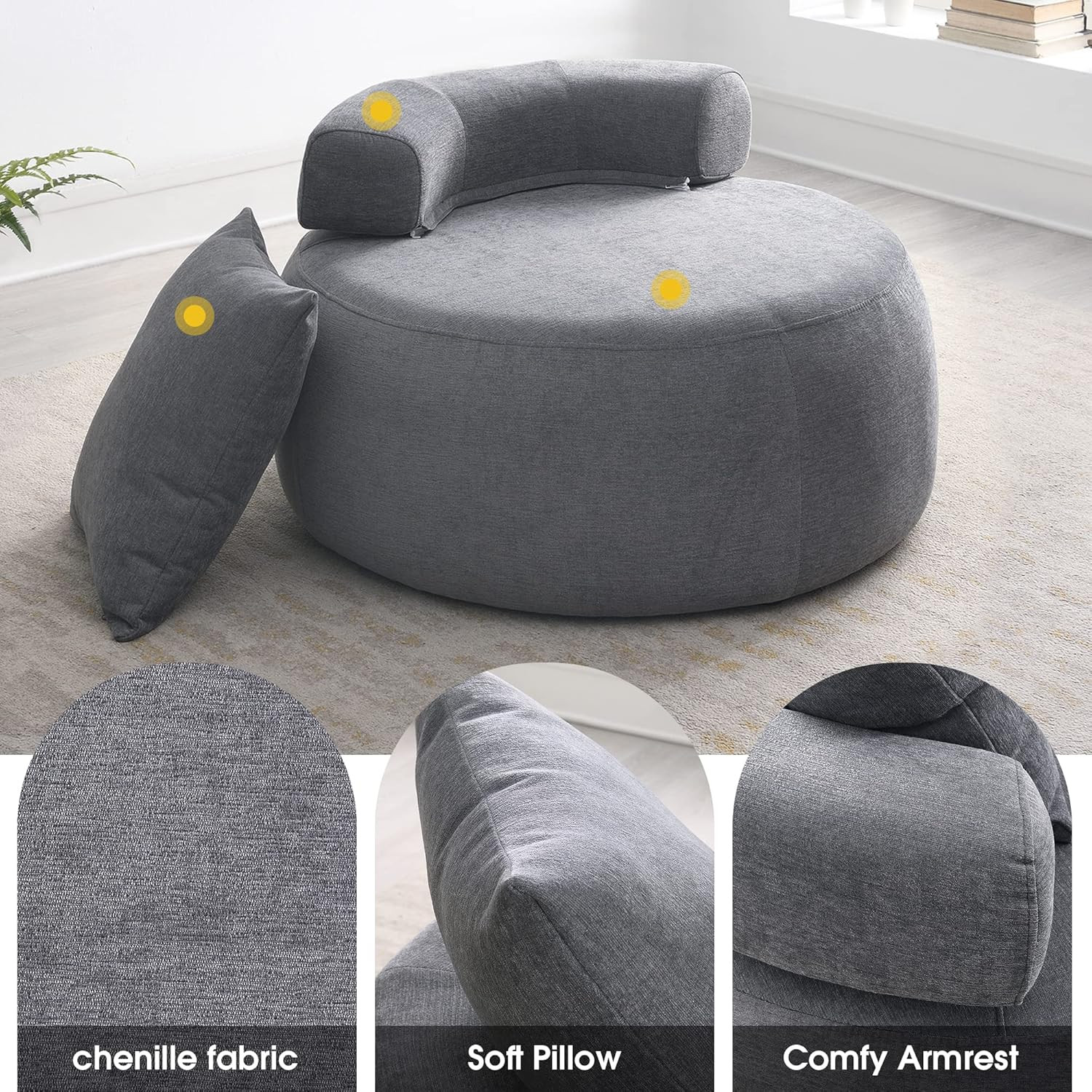 Light Gray 32" Modern Round Leisure Chair with Soft Chenille Pillow for Home