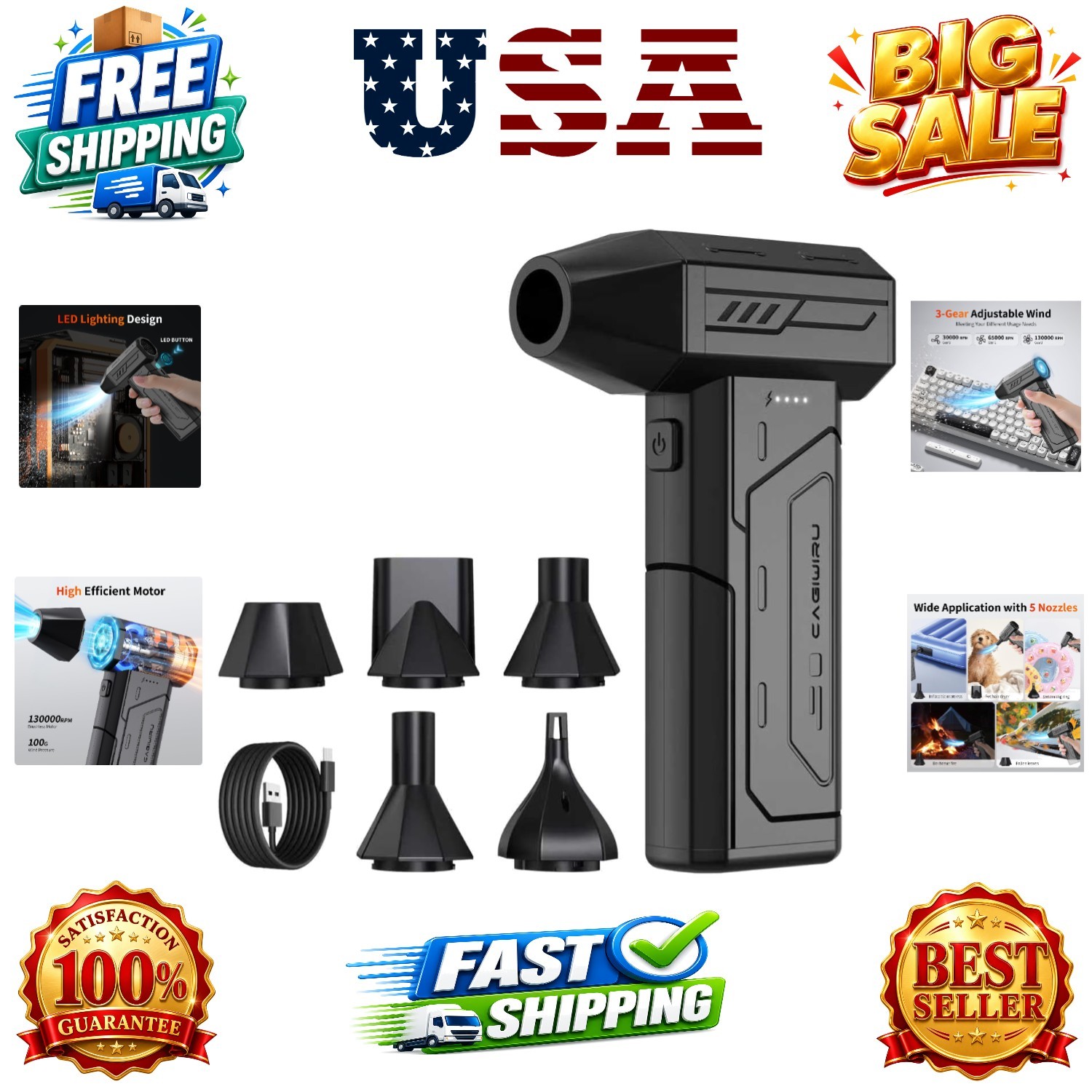 Compressed Air Duster,130000RPM Super Power Cordless Air Duster,Rechargeable ...