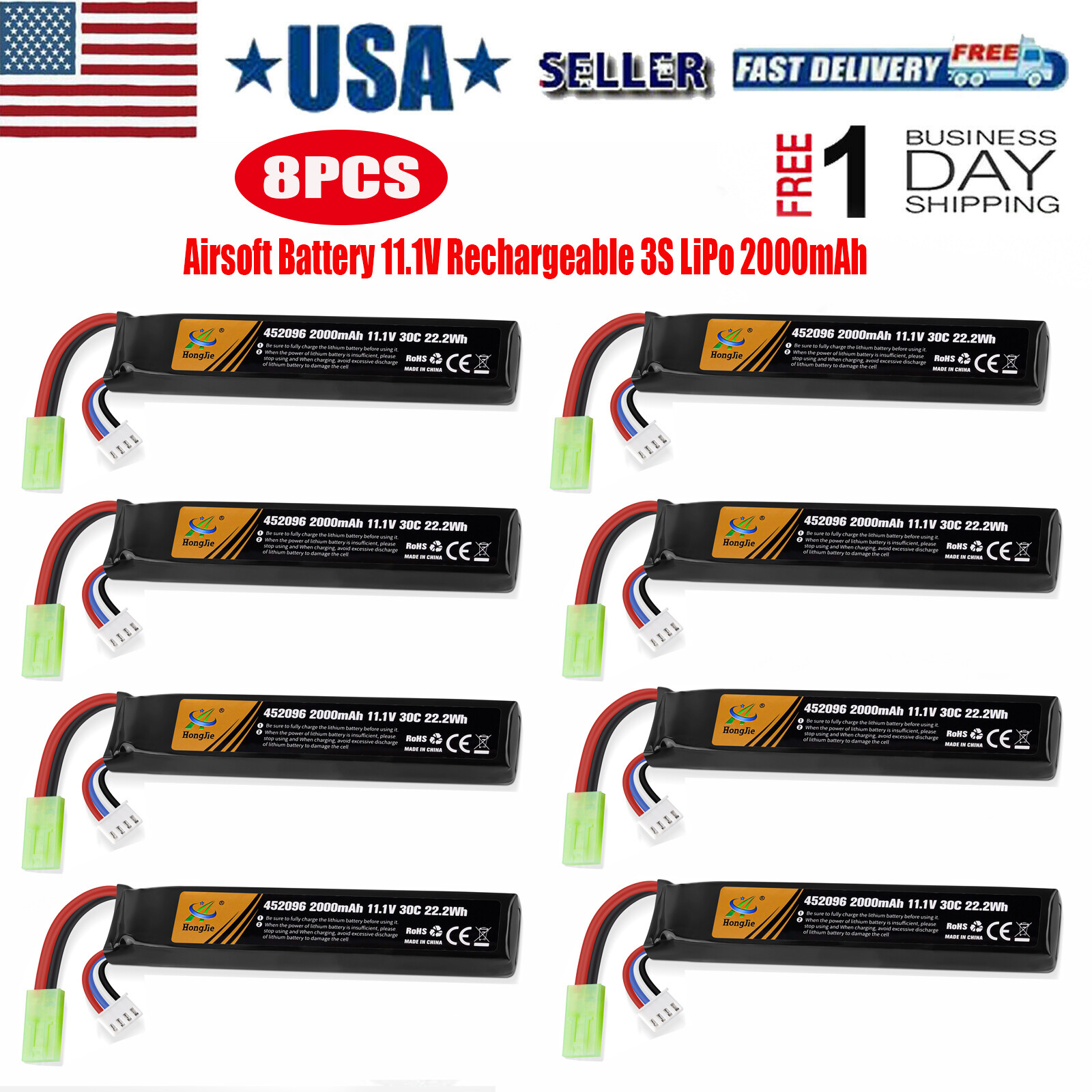 Airsoft 2000mAh 11.1V LiPo Battery with Mini Tamiya Connector for Guns Rifle USA
