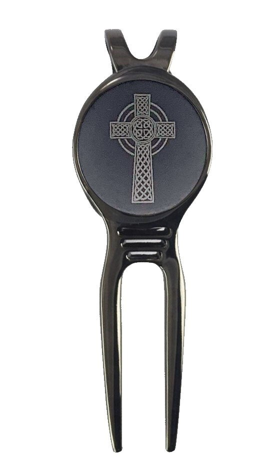 Celtic Cross Spiritual Golf Ball Marker +Black Gunmetal Divot Laser Engraved
