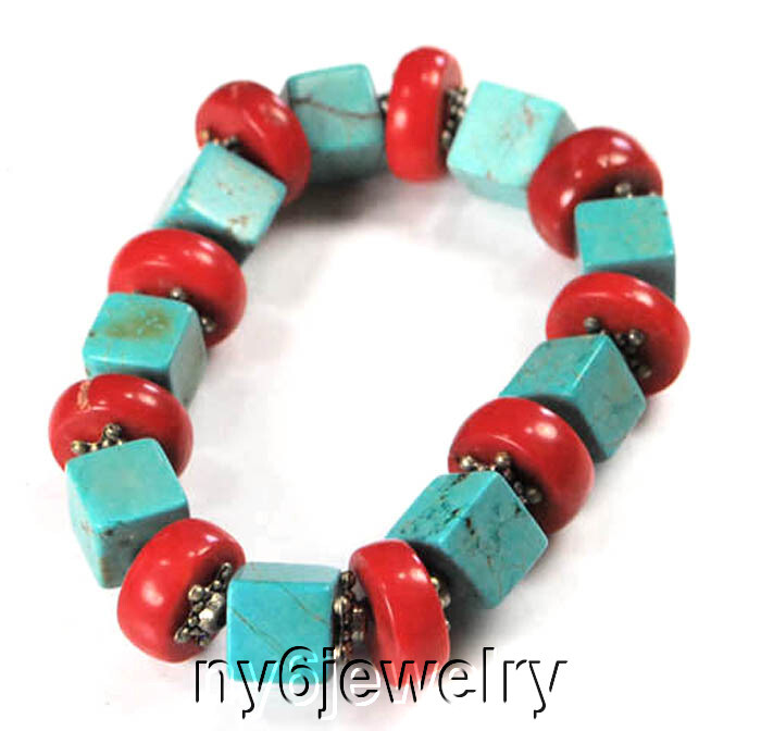 Woman Fashion Jewelry Gift Wedding Blue Turquoise &Red Coral Stretch Bracelet 8"