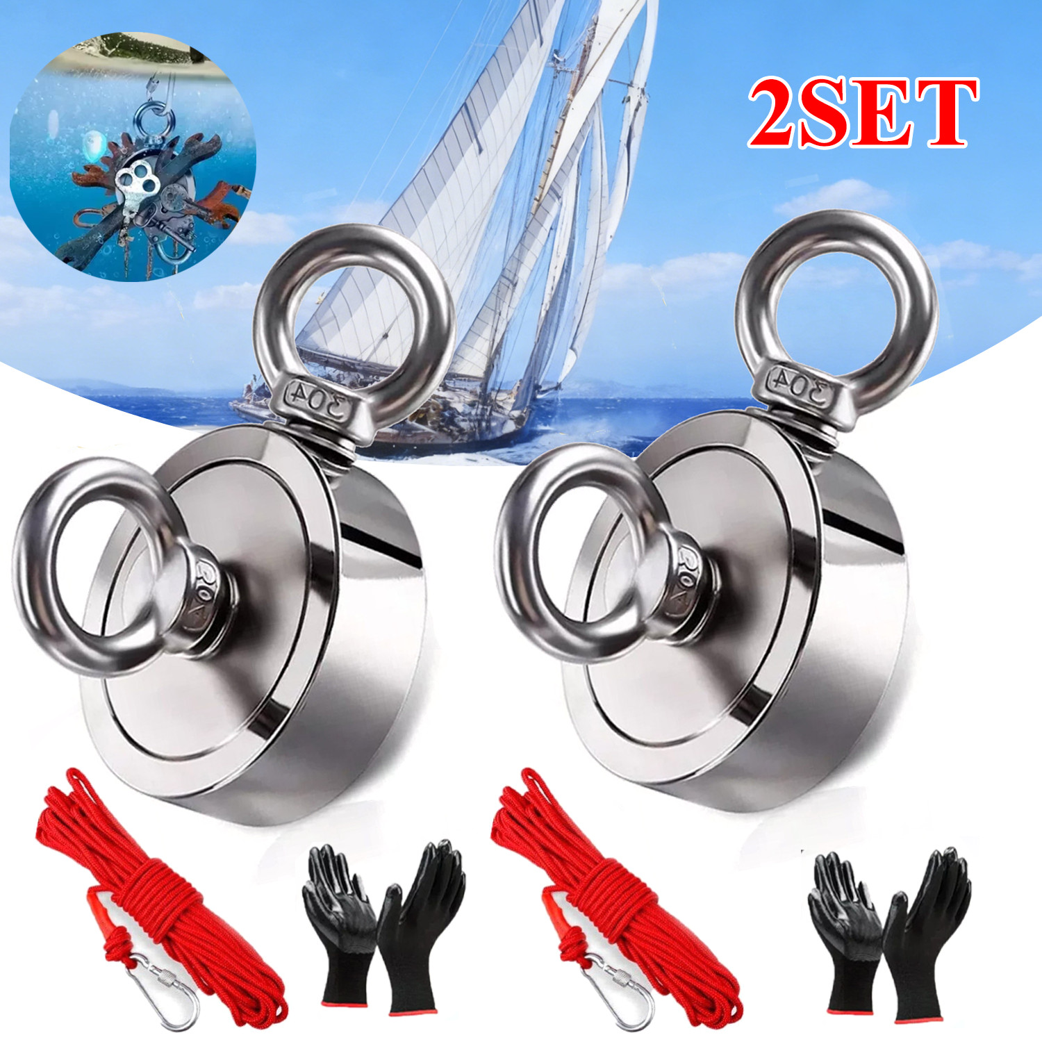 2X 1800 LBS Strong Fishing Magnet Kit Double-Sided Pull Force and Rope Carabiner