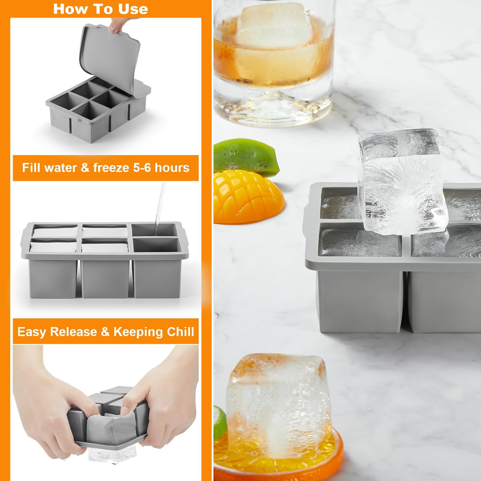 2 Pack Grey Large Ice Cube Tray with Lid 2 Inch Cubes