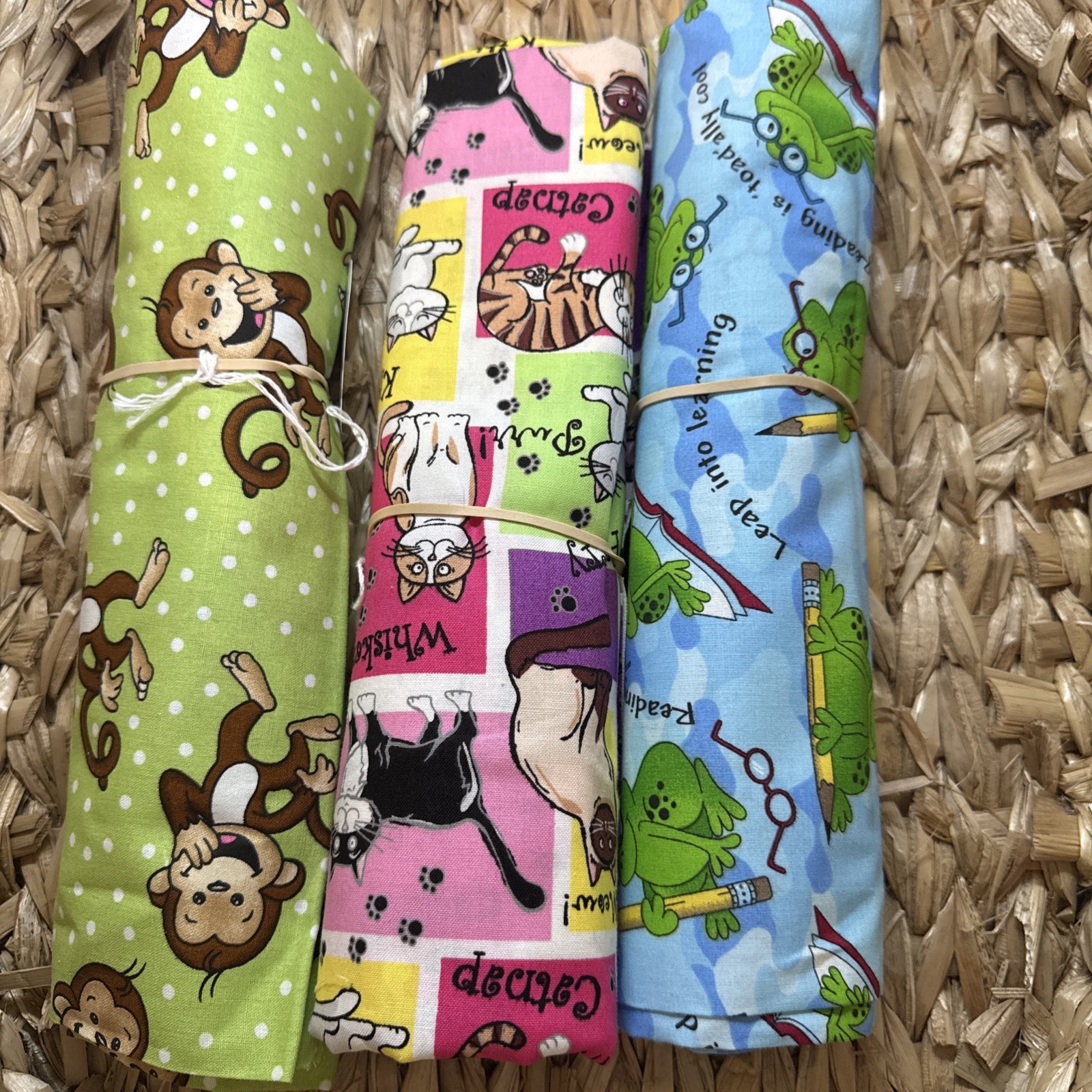 5 1/2 Yards Of Quilting/ Sewing Fabric Monkeys, Cats And Reading Frogs