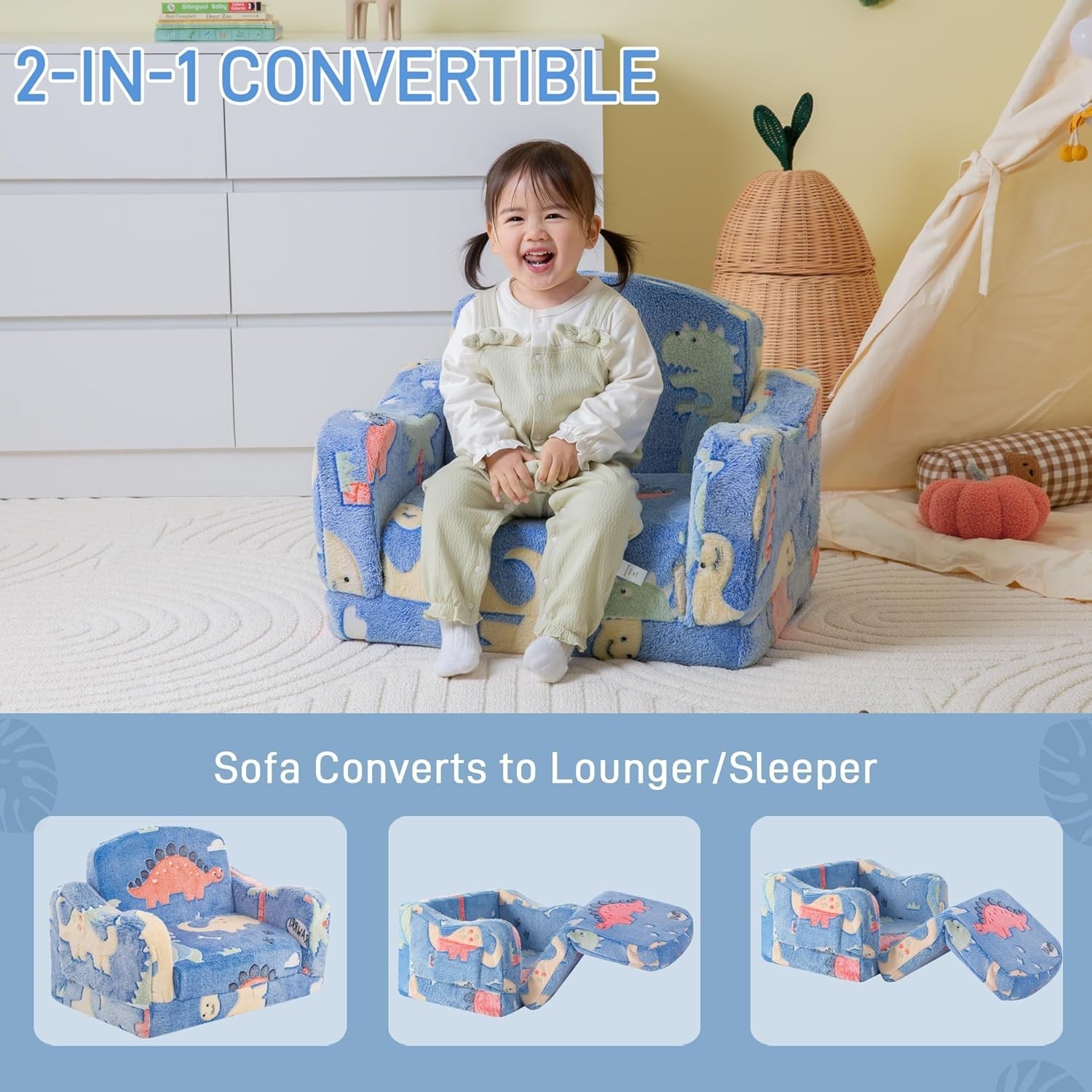 Convertible Plush Toddler Couch with Dinosaur Theme - Ideal for Relaxing & Play