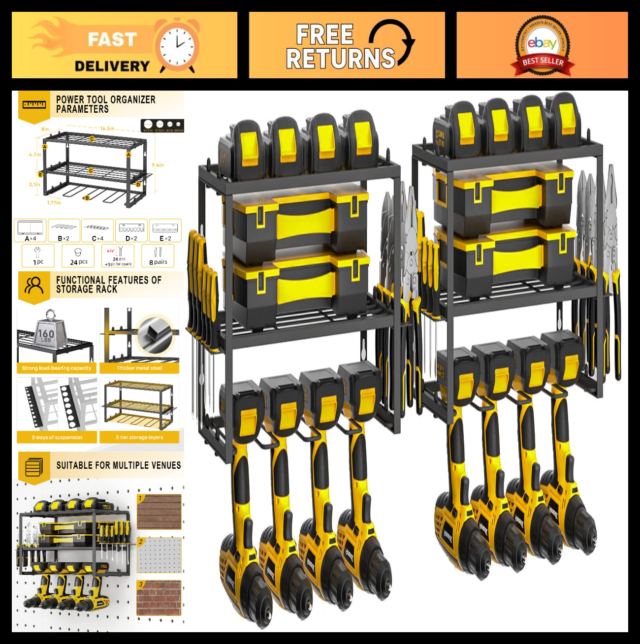 Heavy Duty Power Tool Organizer - 2 Pack Wall Mount Rack for 8 Drills, 150Lbs Ca