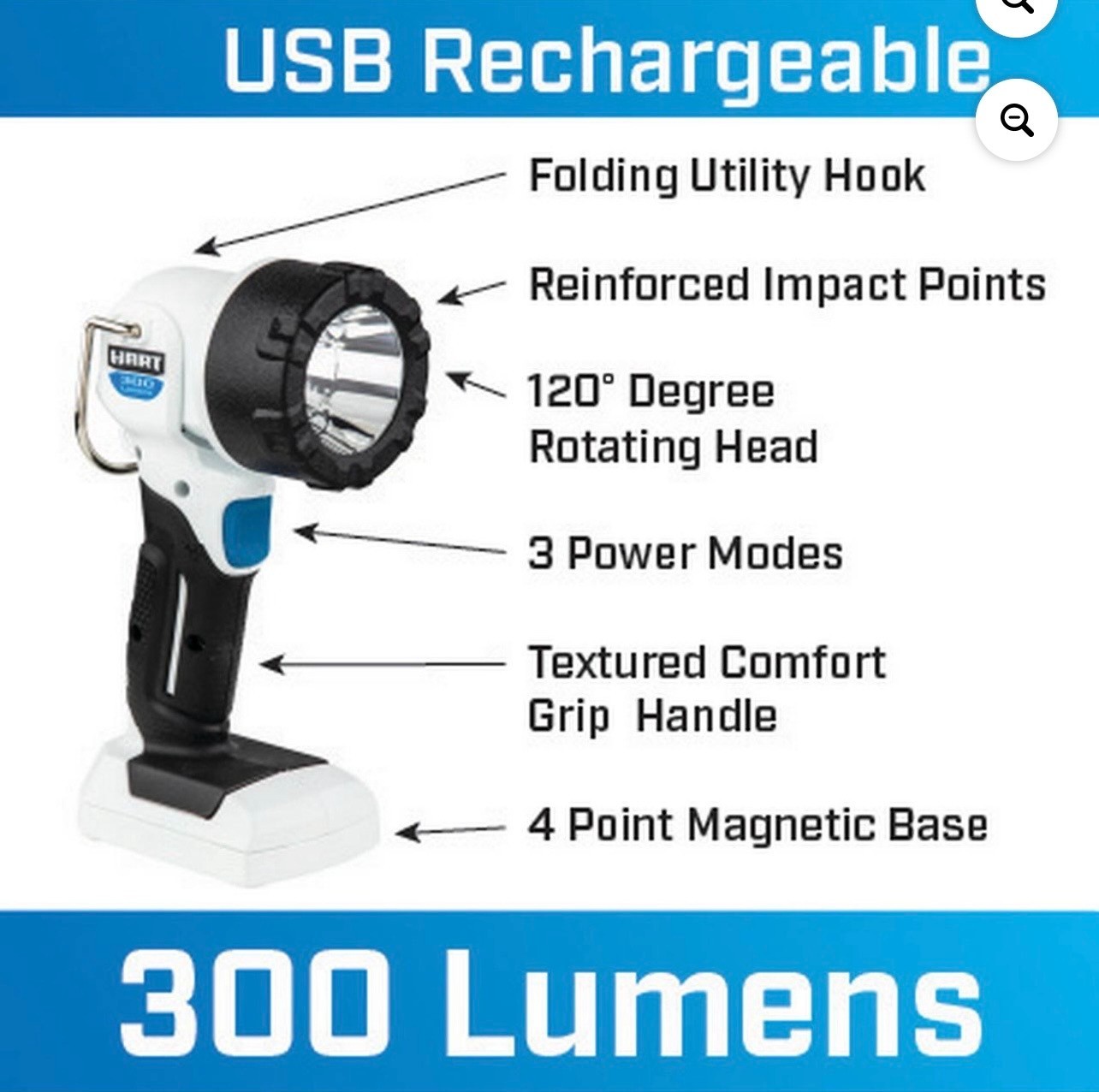NEW HART Rechargeable Handheld Spot Work Light with Rotating Head, Magnetic Base