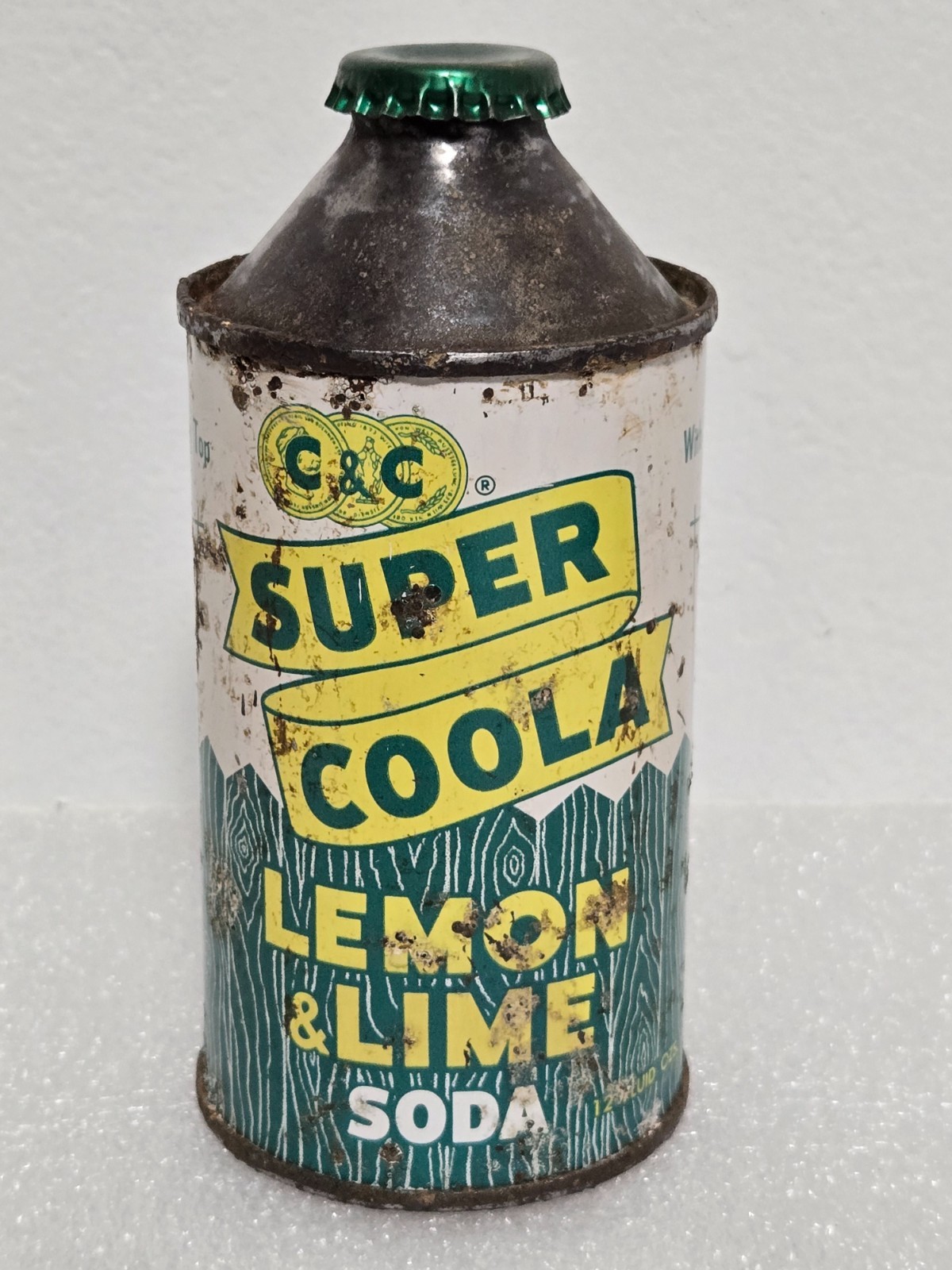 Vintage Rare C & C Super Coola Lemon Lime W/ Lid Cone Top Soda Pop Can