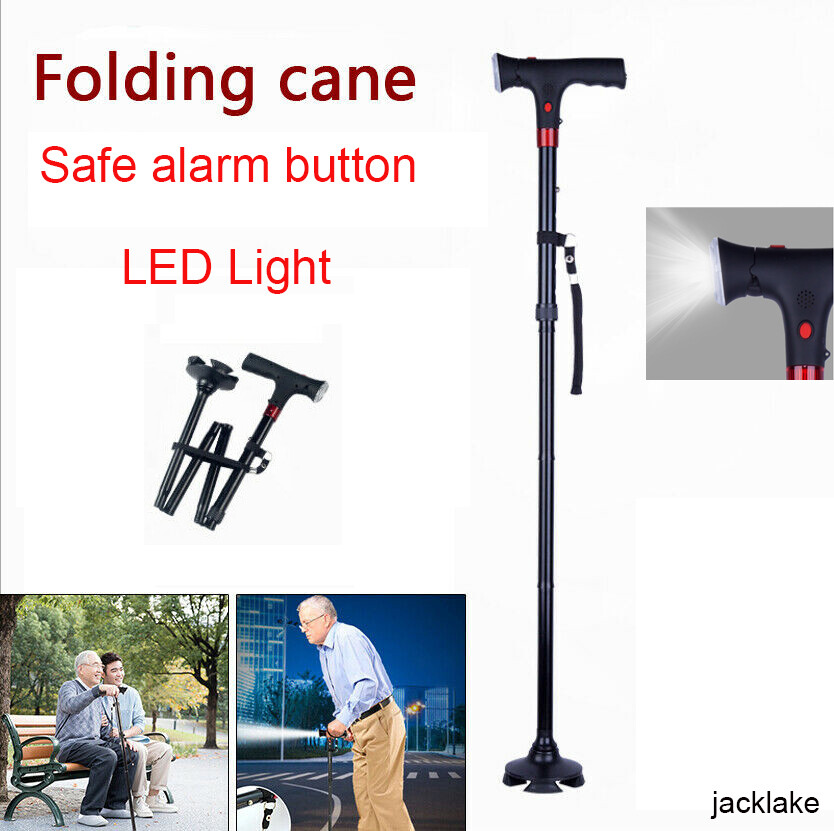 Elder Folding Walking Stick Walking Cane Height Adjustable LED Light Alarm US